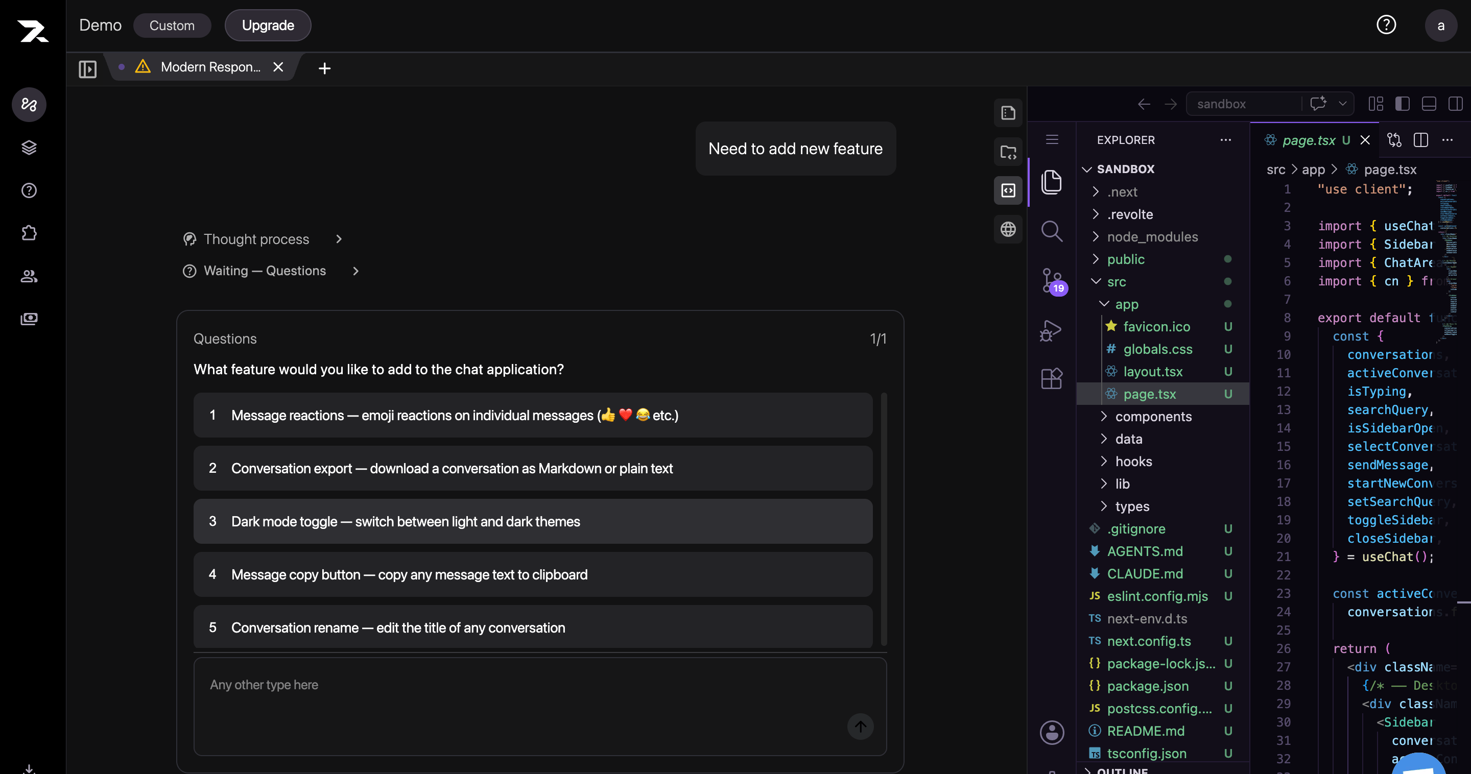 Revolte asking a focused follow-up question with suggested answers and space for a custom response.
