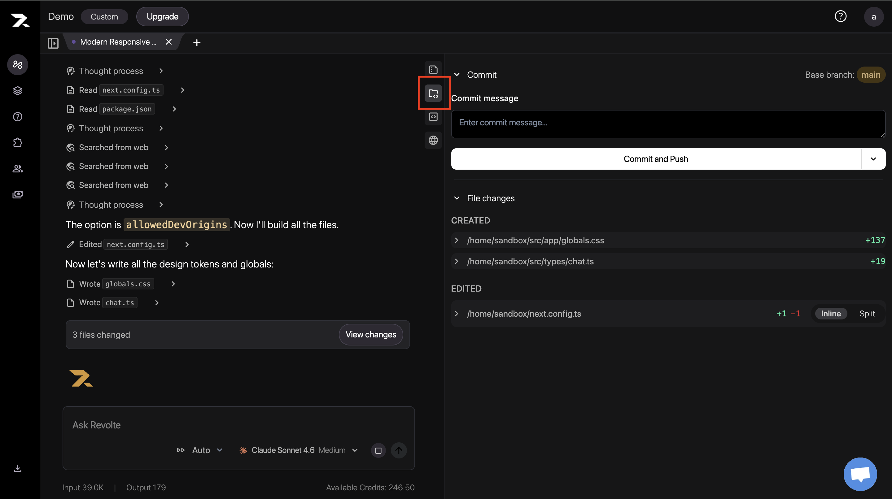 The Commit panel showing a commit message field, Commit and Push action, and the changed files.