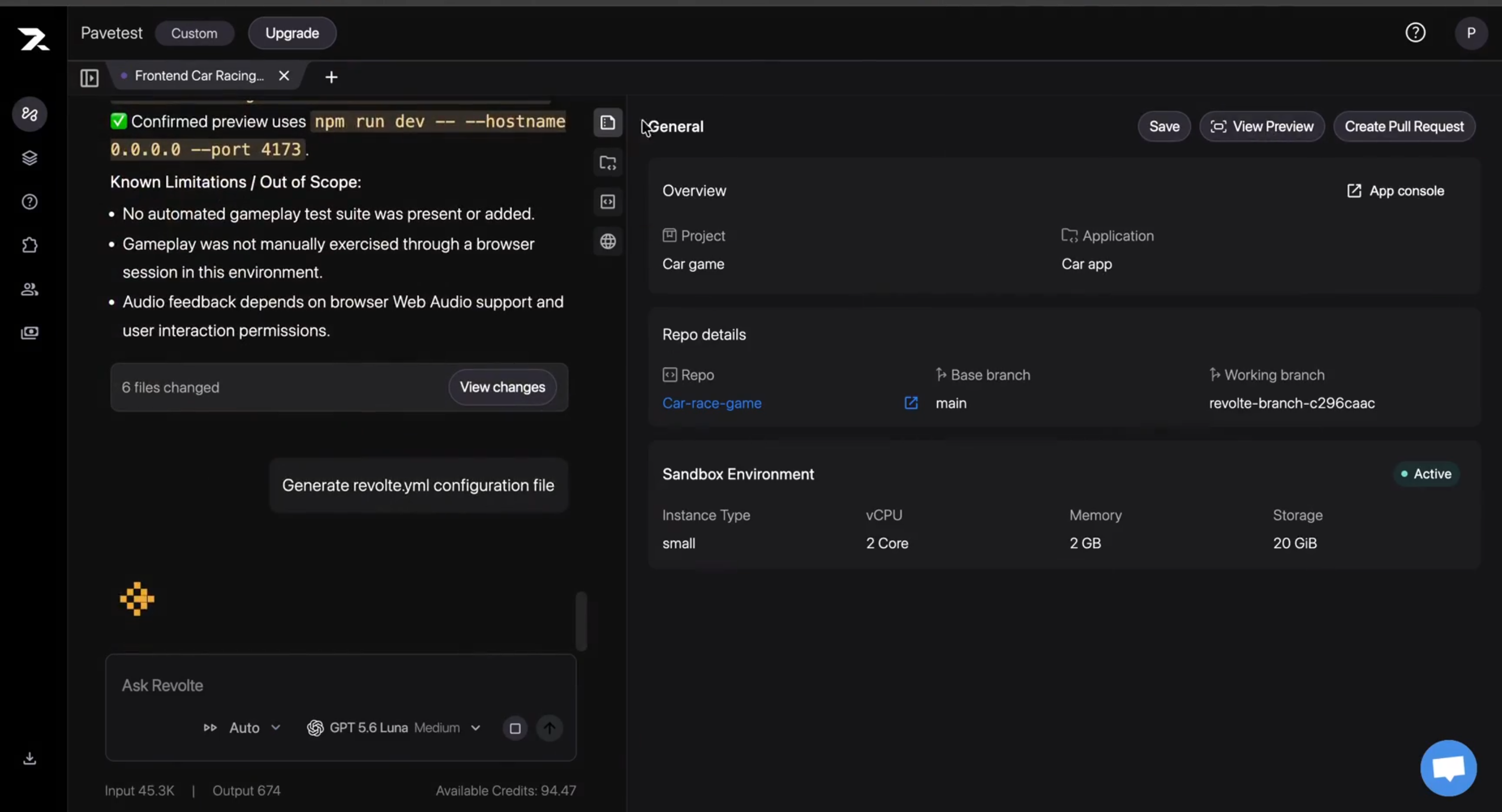 Interactive Chat showing View Preview and the option to generate a revolte.yml configuration file.