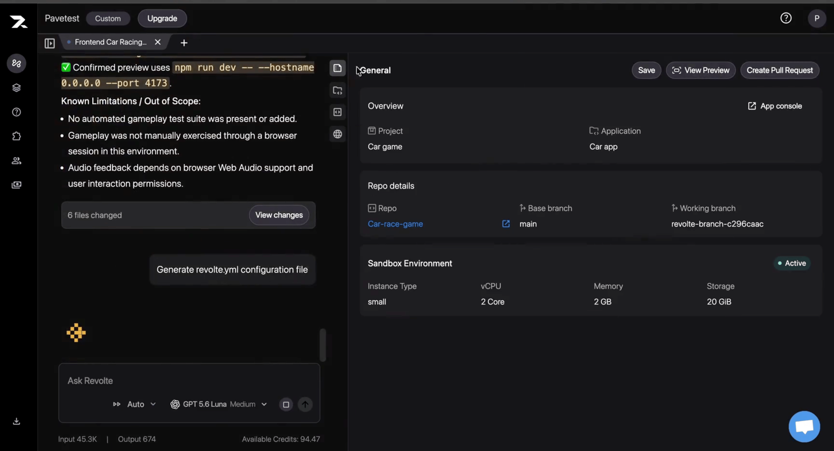 Interactive Chat showing View Preview and the option to generate a revolte.yml configuration file.