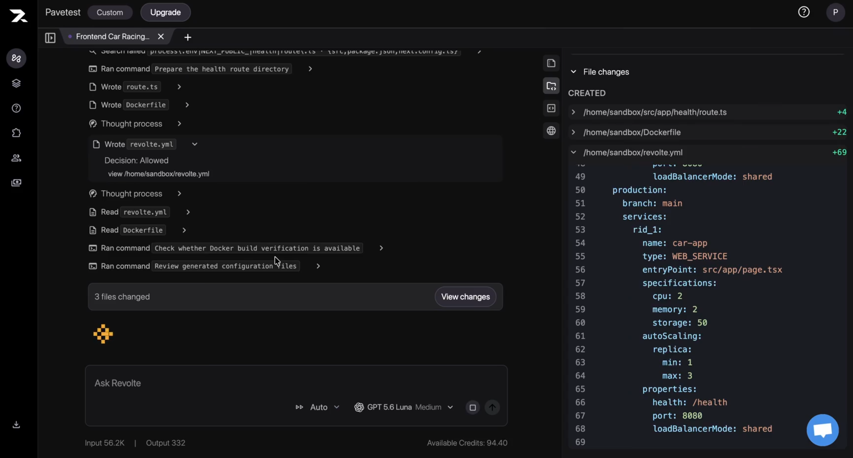 Revolte generating revolte.yml, a Dockerfile, and a health-check route in Interactive Chat.