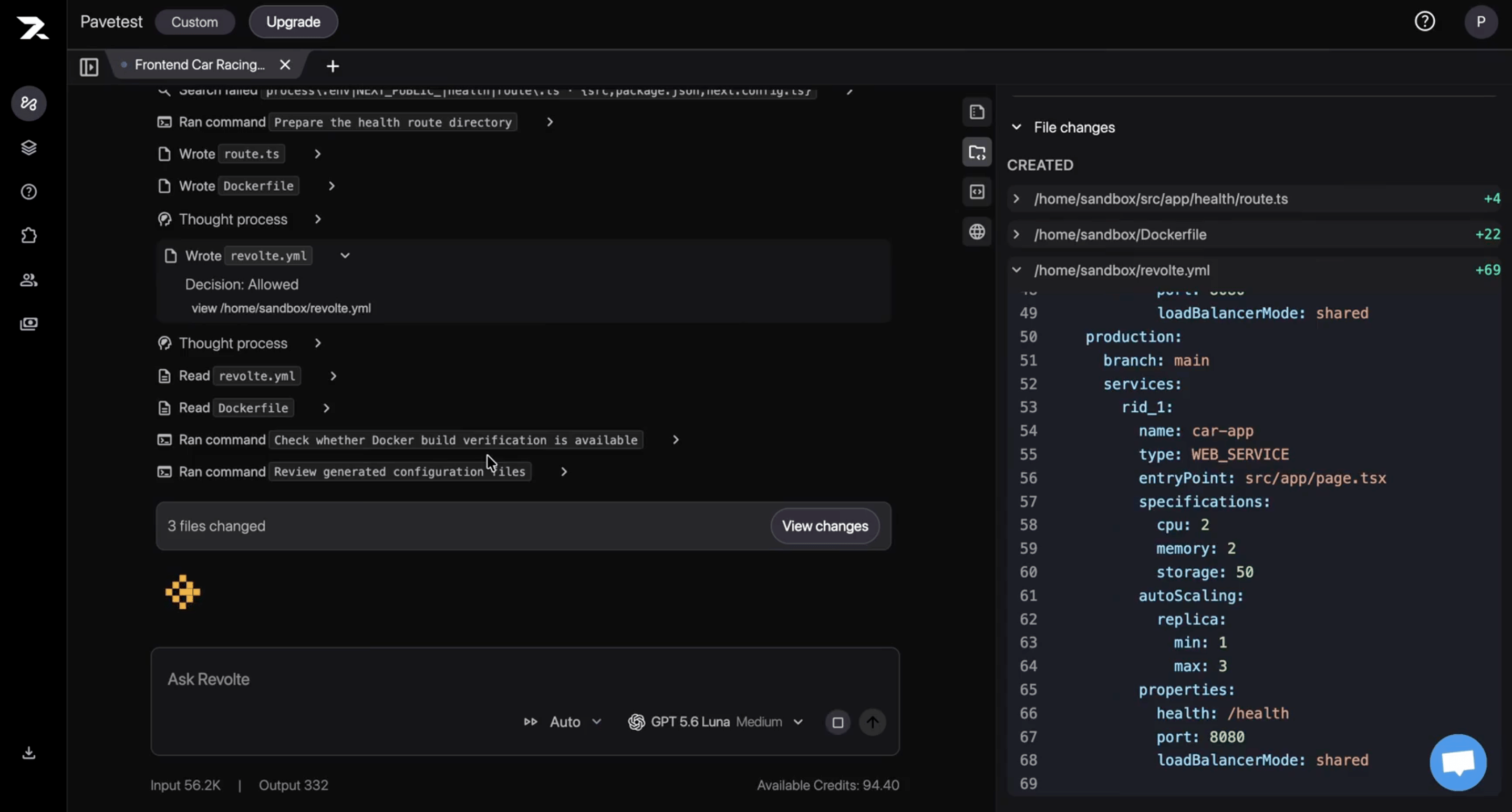 Revolte generating revolte.yml, a Dockerfile, and a health-check route in Interactive Chat.