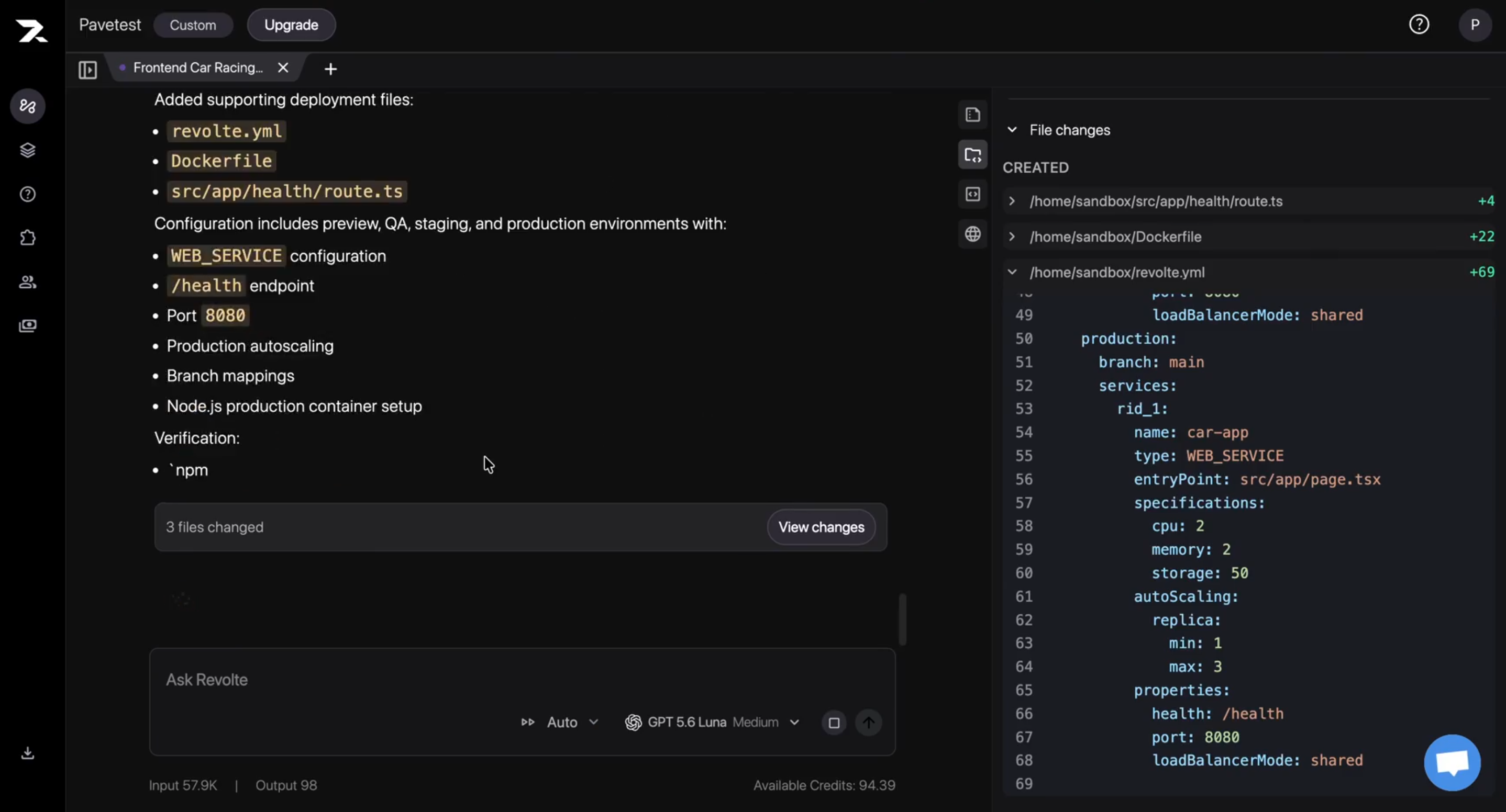 Interactive Chat summarizing the generated deployment files and Preview environment configuration.