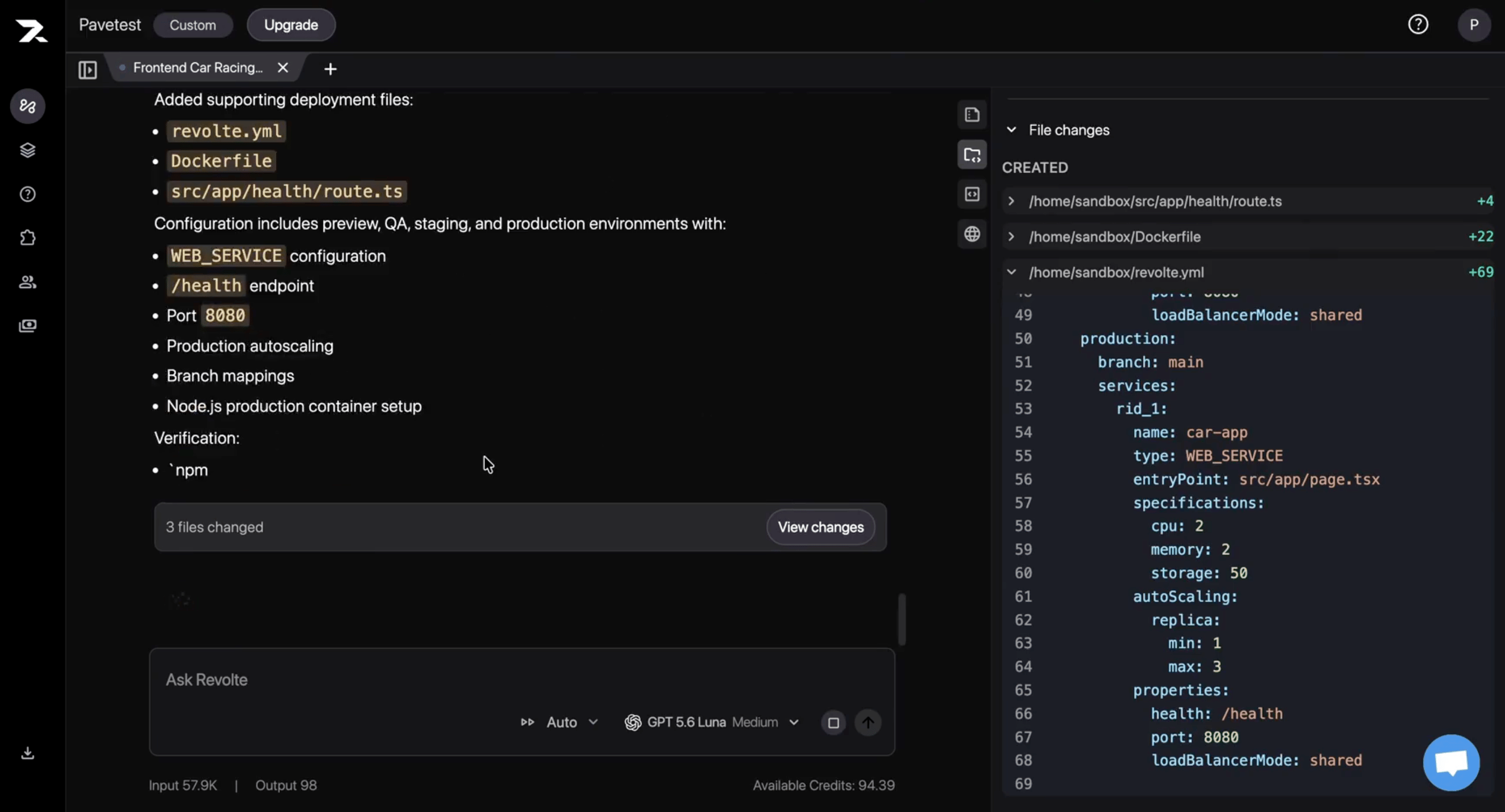 Interactive Chat summarizing the generated deployment files and Preview environment configuration.