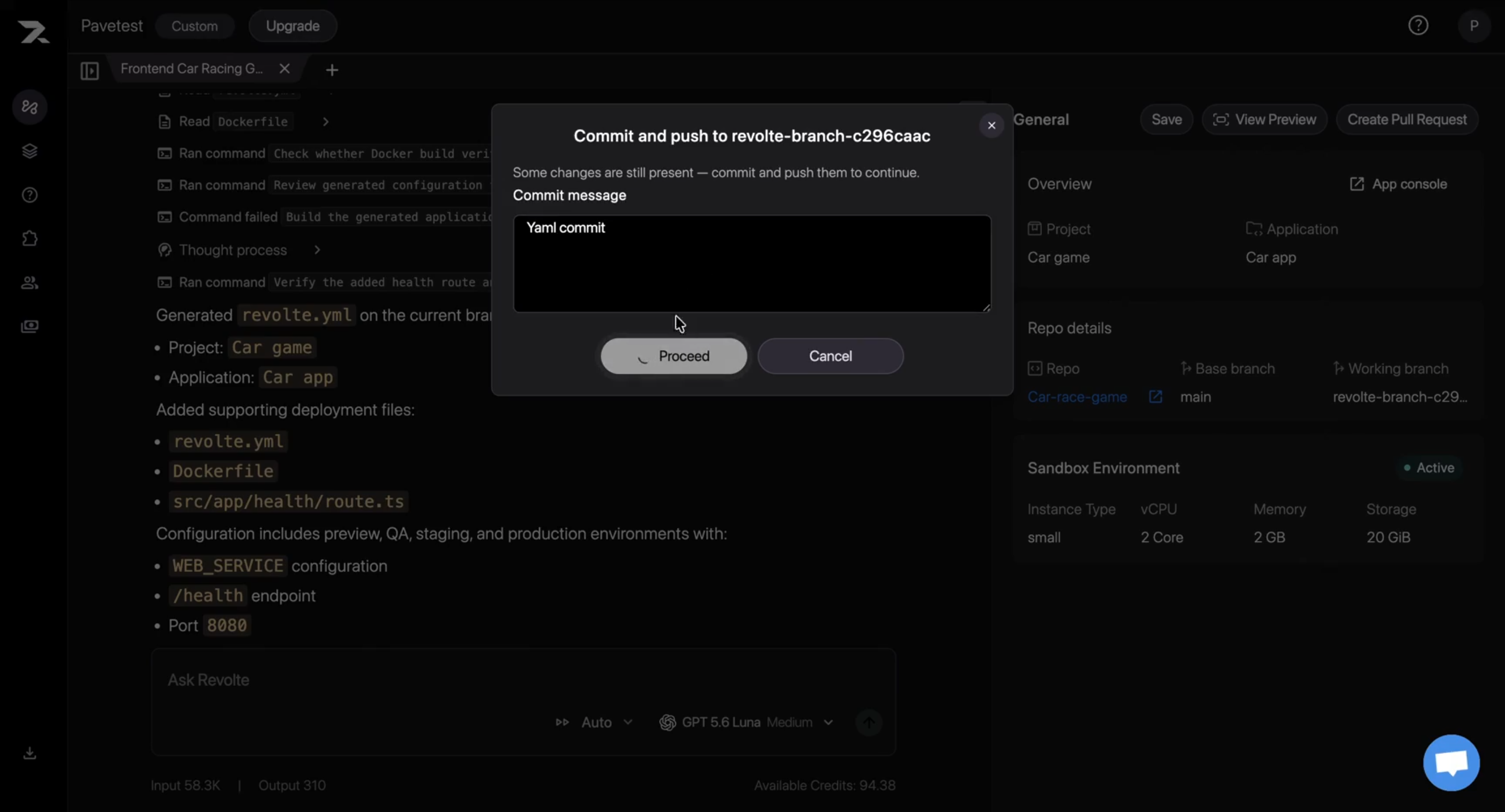 The Commit and push dialog for committing generated deployment configuration before continuing.