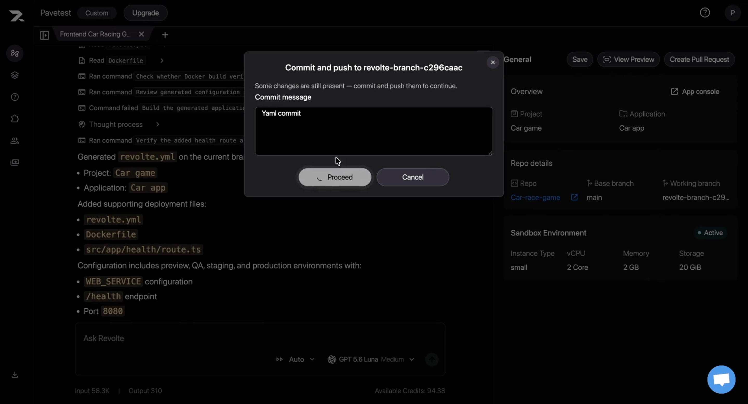 The Commit and push dialog for committing generated deployment configuration before continuing.