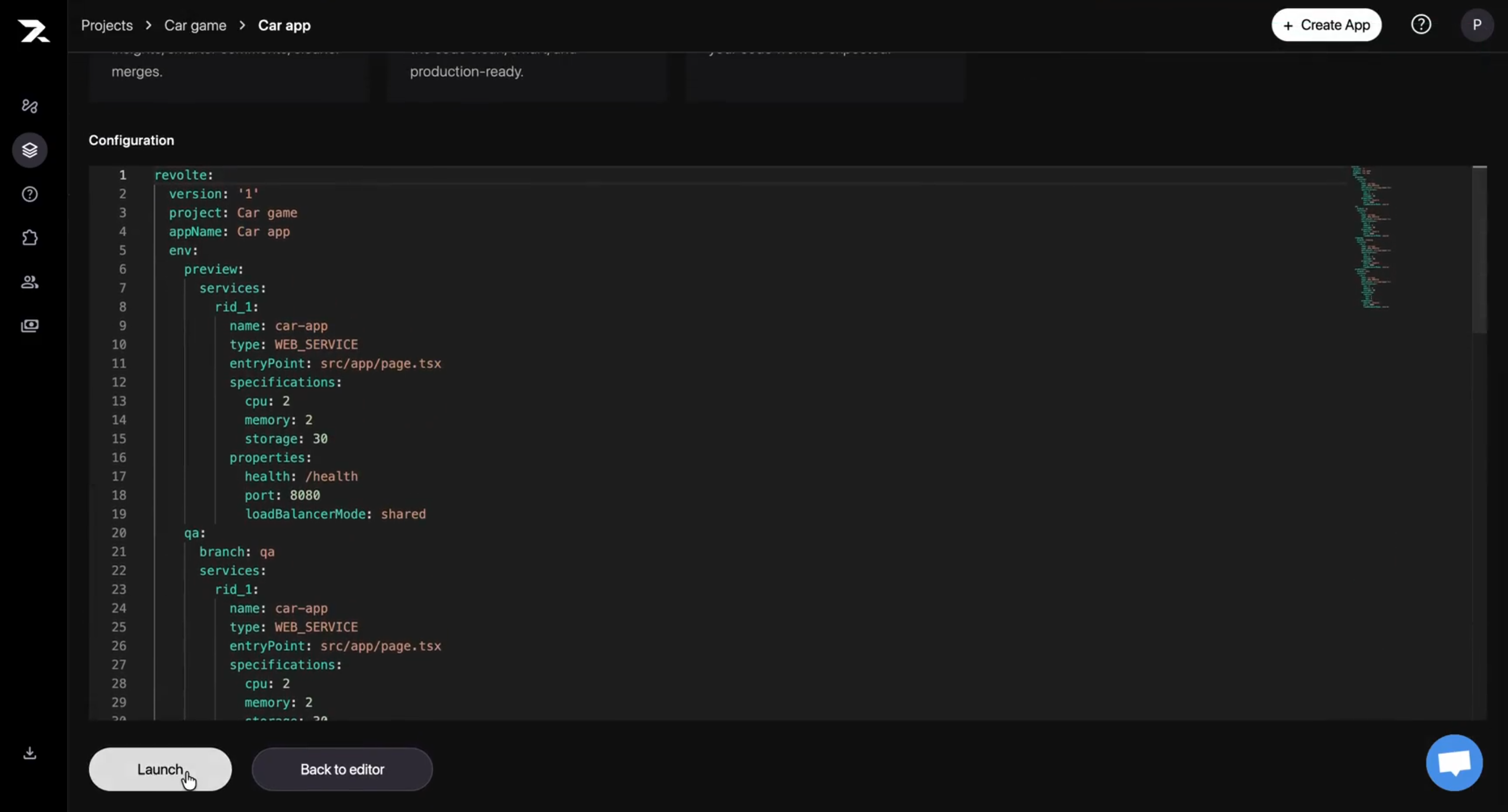 The application configuration page showing the Preview environment in revolte.yml and the Launch button.