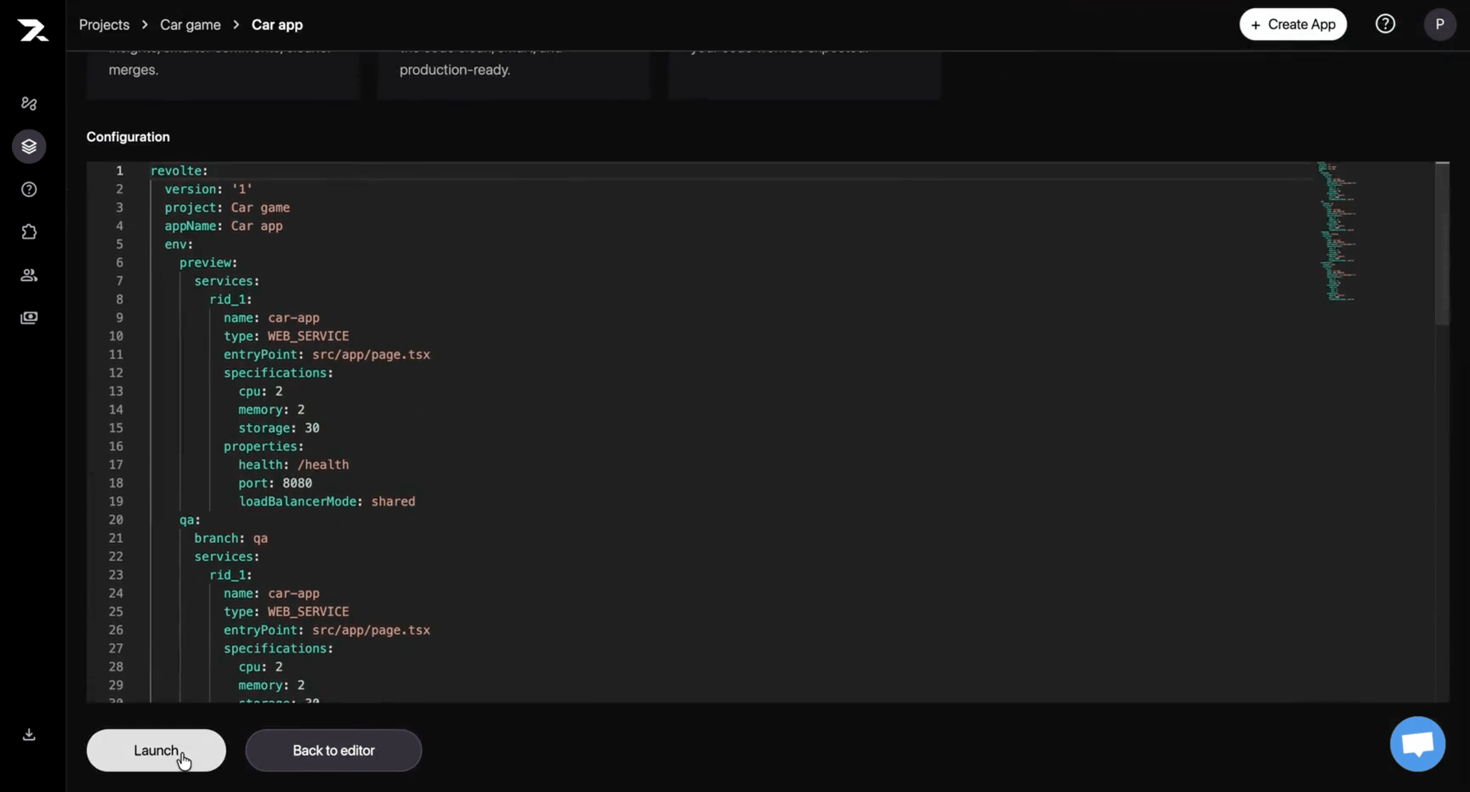 The application configuration page showing the Preview environment in revolte.yml and the Launch button.