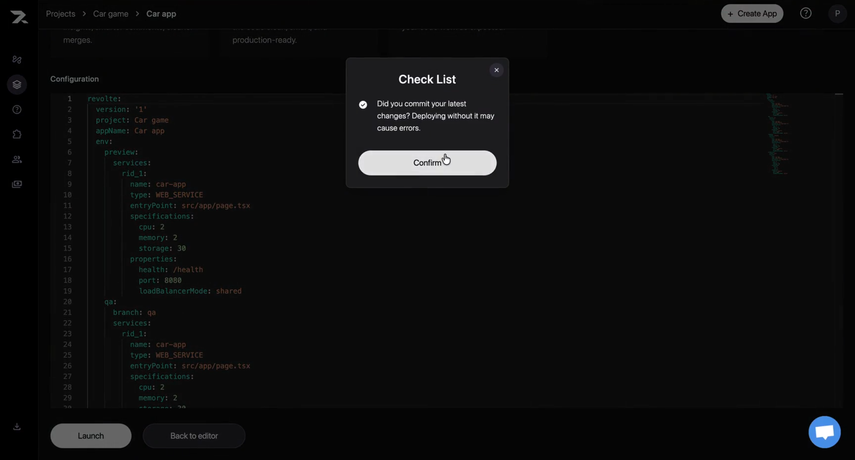 The launch checklist asking the user to confirm that the latest changes are committed.