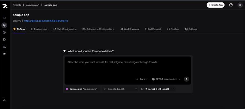 A Revolte application open on the AI Task tab with its GitHub repository connected.