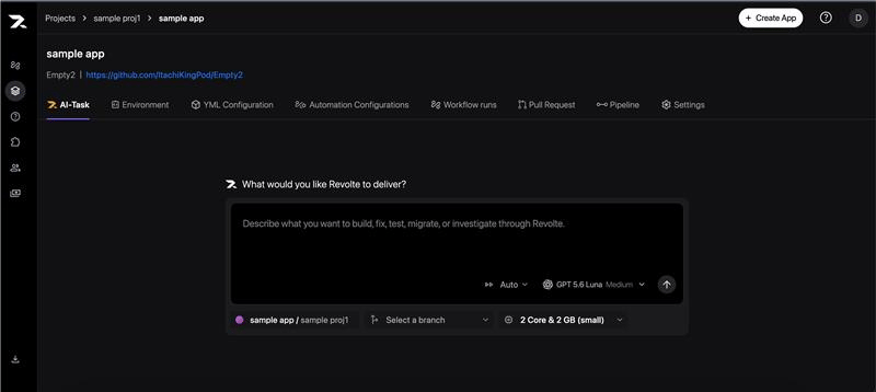 A Revolte application open on the AI Task tab with its GitHub repository connected.