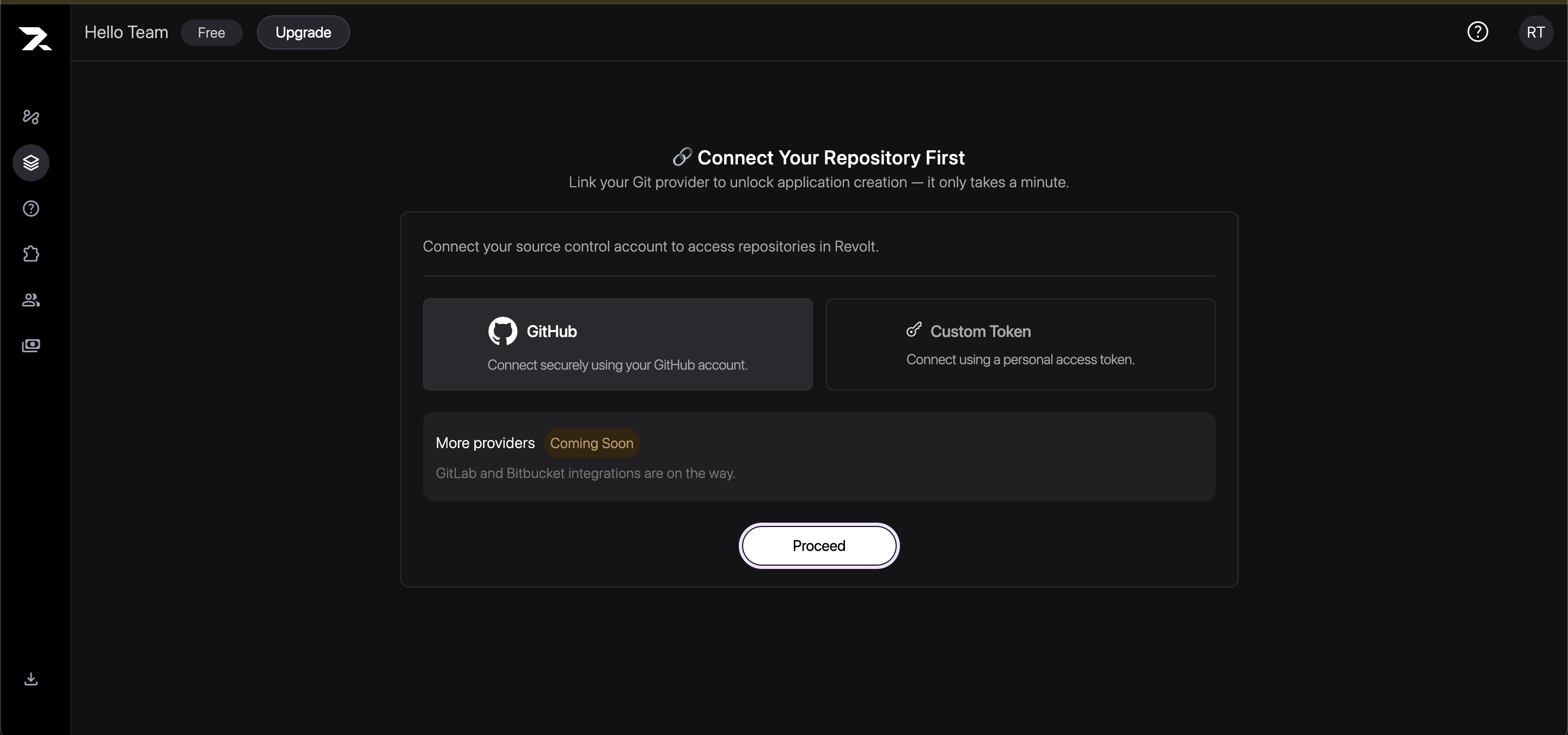 The All Projects page prompting an existing user to connect GitHub or use a custom token.