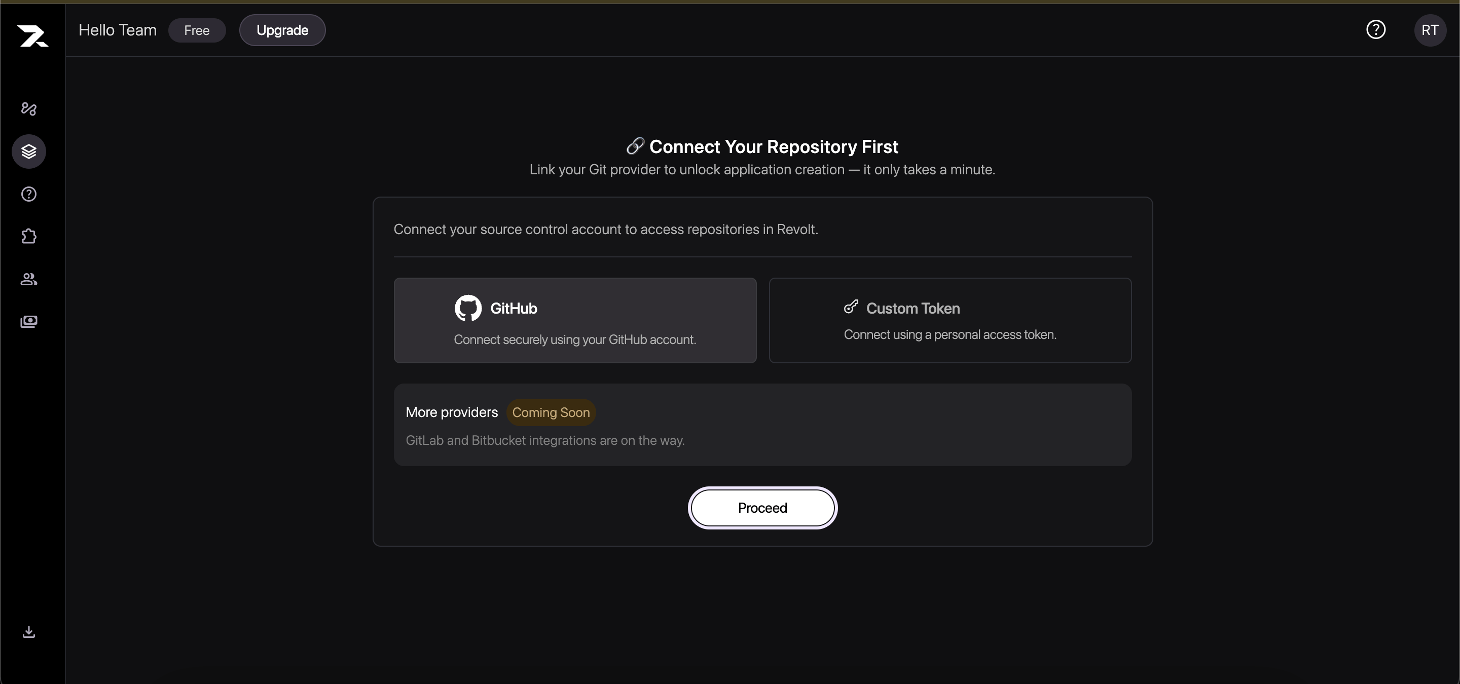 The All Projects page prompting an existing user to connect GitHub or use a custom token.
