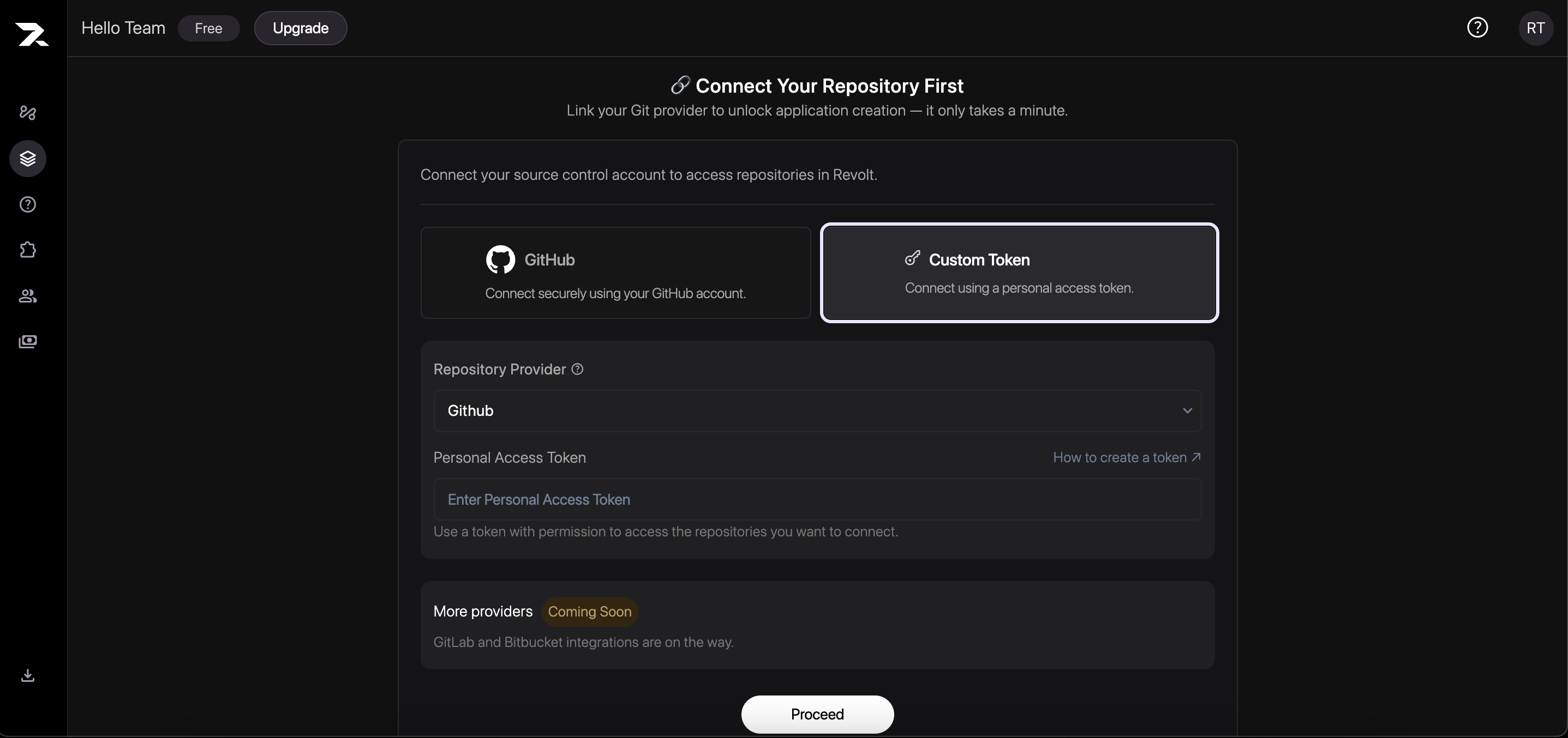 The Custom Token form with GitHub selected and the Personal Access Token field ready.
