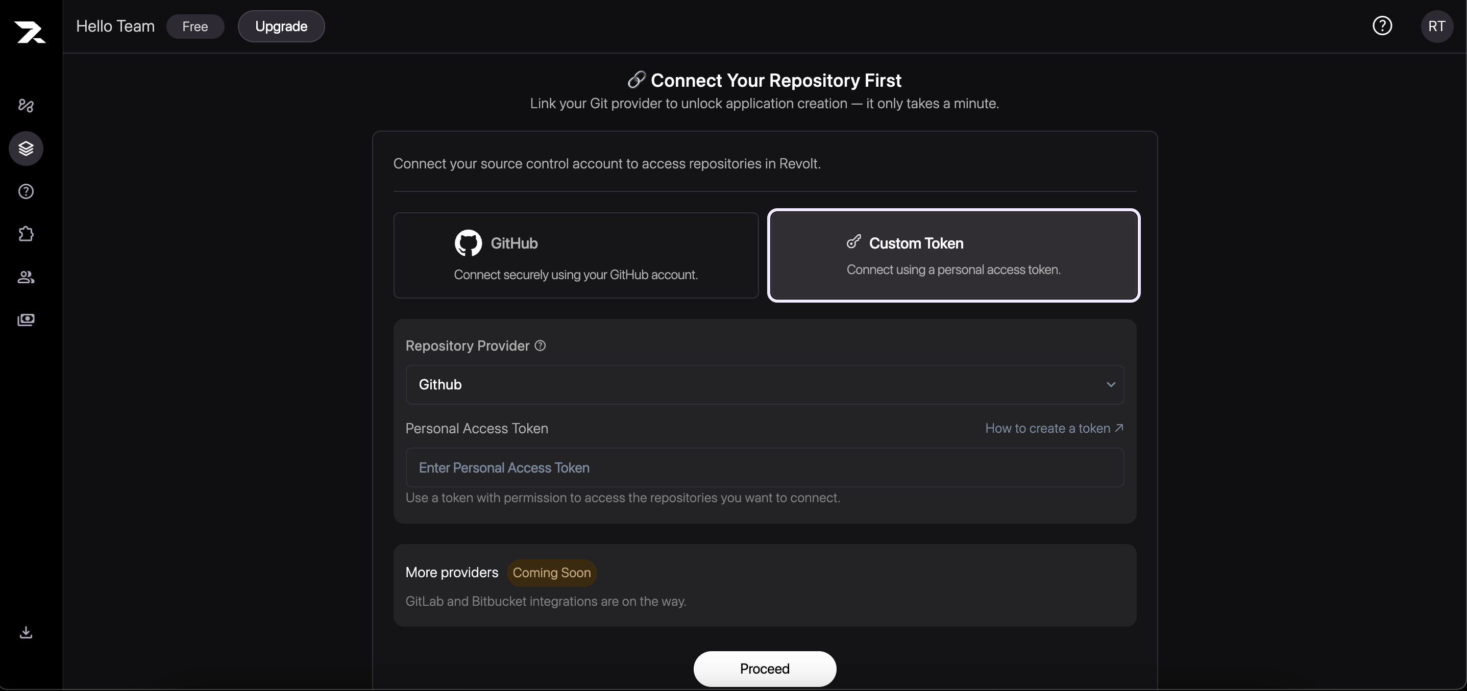 The Custom Token form with GitHub selected and the Personal Access Token field ready.