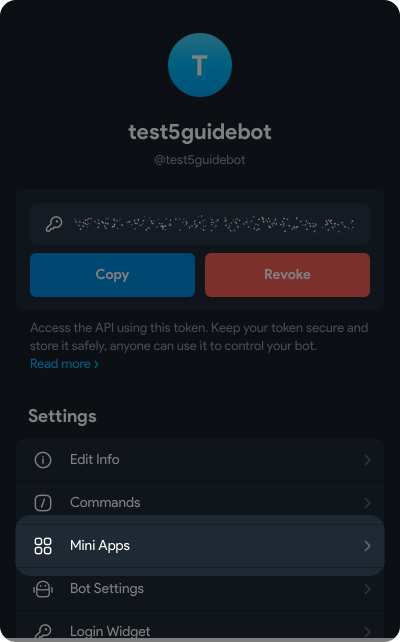 Настройки Telegram-бота в @BotFather с выбранным пунктом Mini Apps