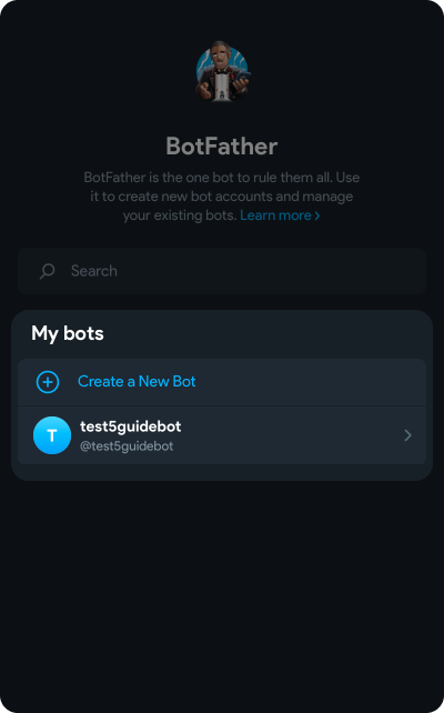 Раздел My bots со списком ваших ботов в приложении @BotFather