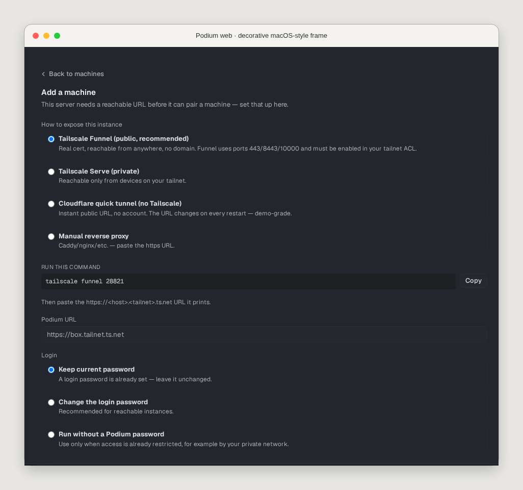 Podium web inside a decorative macOS-style frame, showing the Add a machine network and login settings.