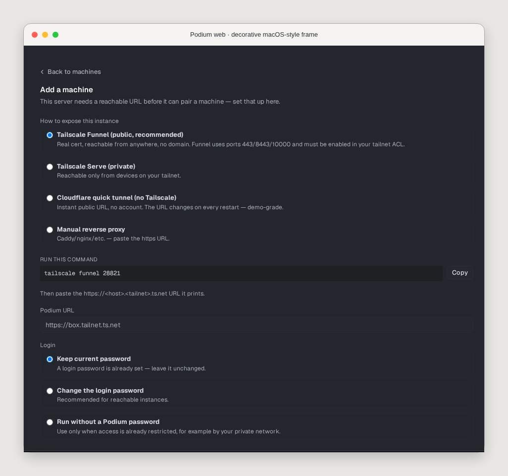 Podium web inside a decorative macOS-style frame, showing the Add a machine network and login settings.