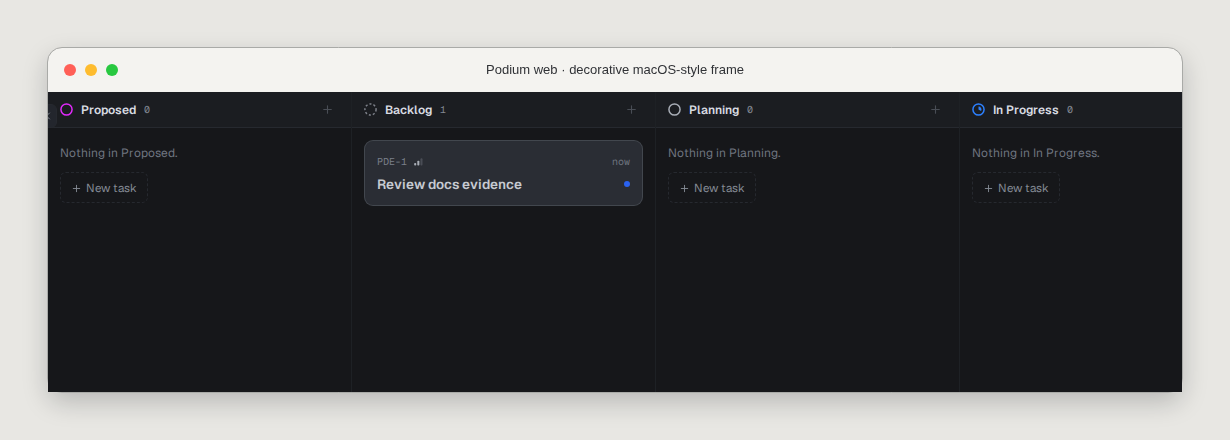 Podium web inside a decorative macOS-style frame, showing an issue in the Backlog column of the issue board.