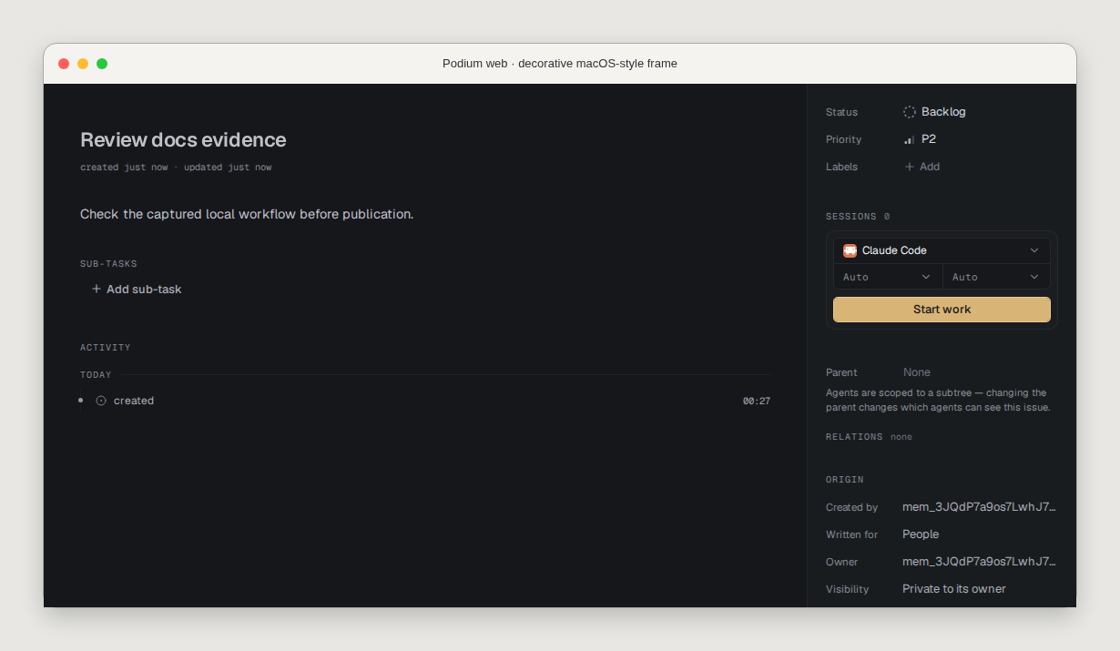 Podium web inside a decorative macOS-style frame, showing a backlog issue with its description, status, session controls, and activity.