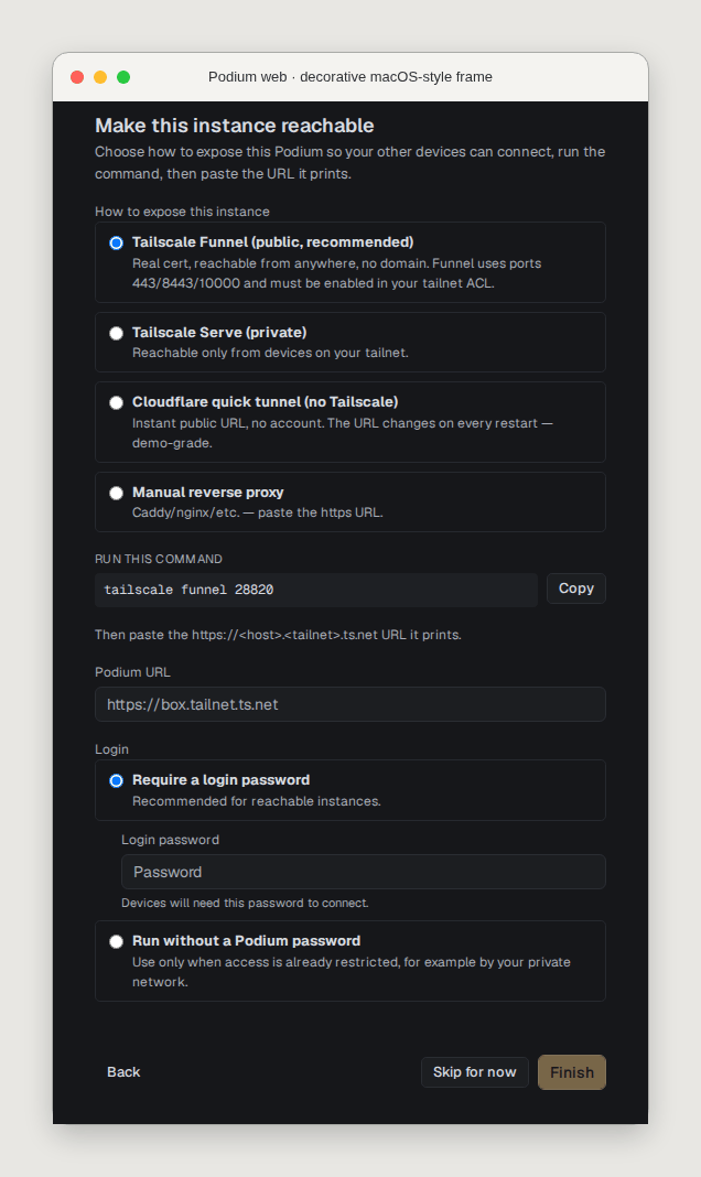 Podium web inside a decorative macOS-style frame, showing Tailscale, Cloudflare, reverse-proxy, and login-password setup options.