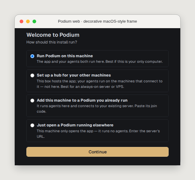 Podium web inside a decorative macOS-style frame, showing the first-run installation mode choices.