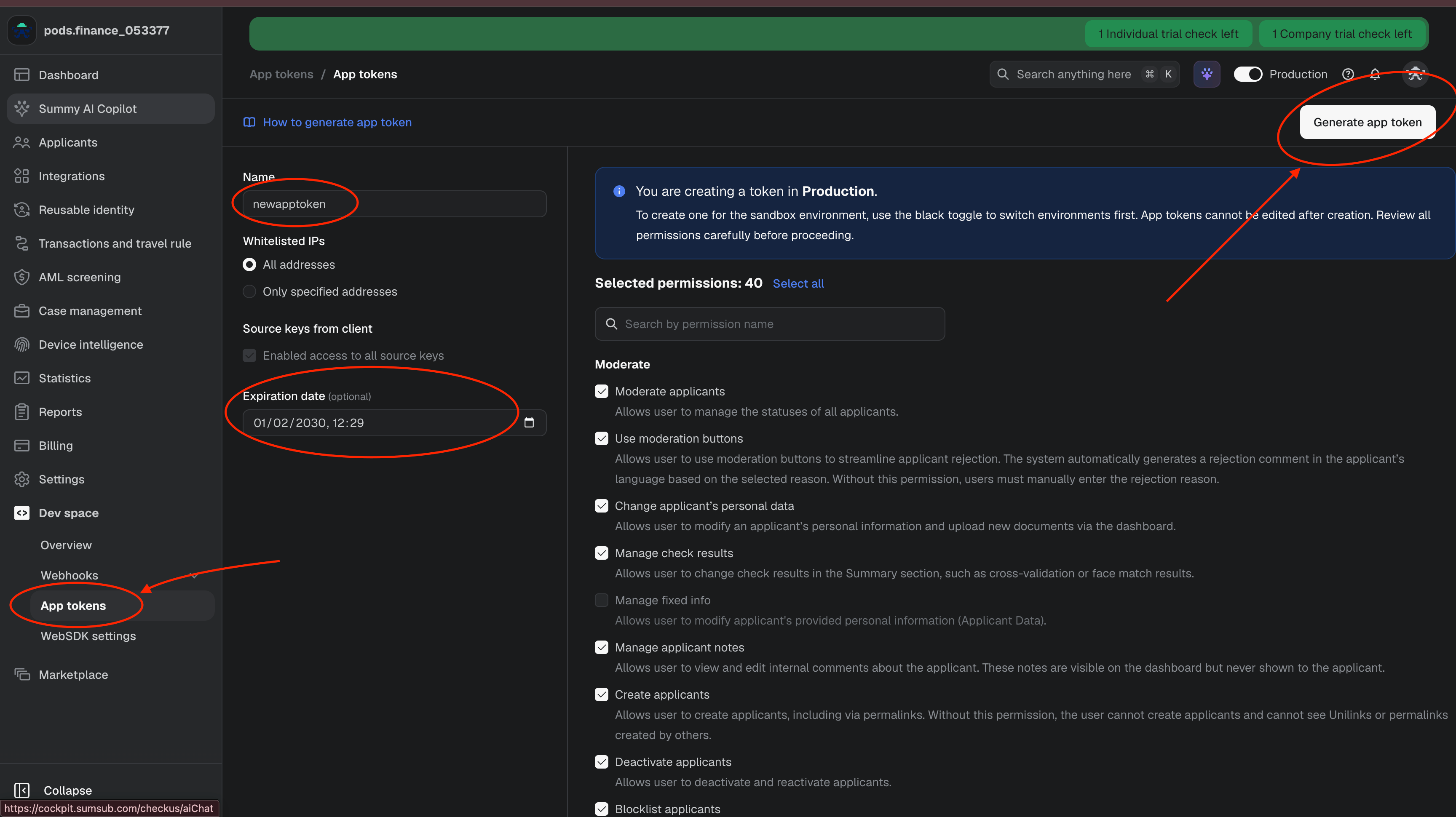Generate a Sumsub app token