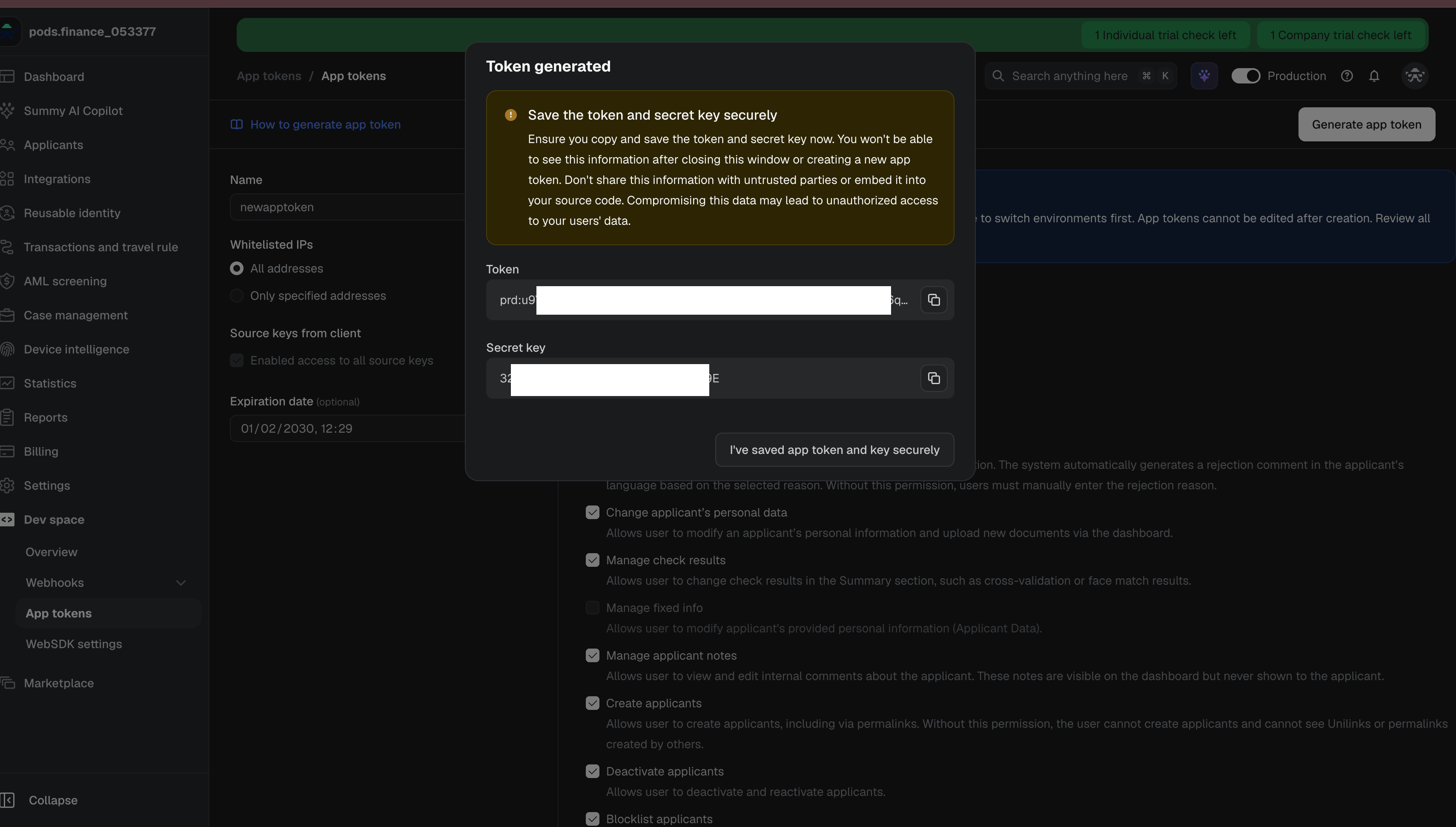 Save the generated Sumsub app token and secret key