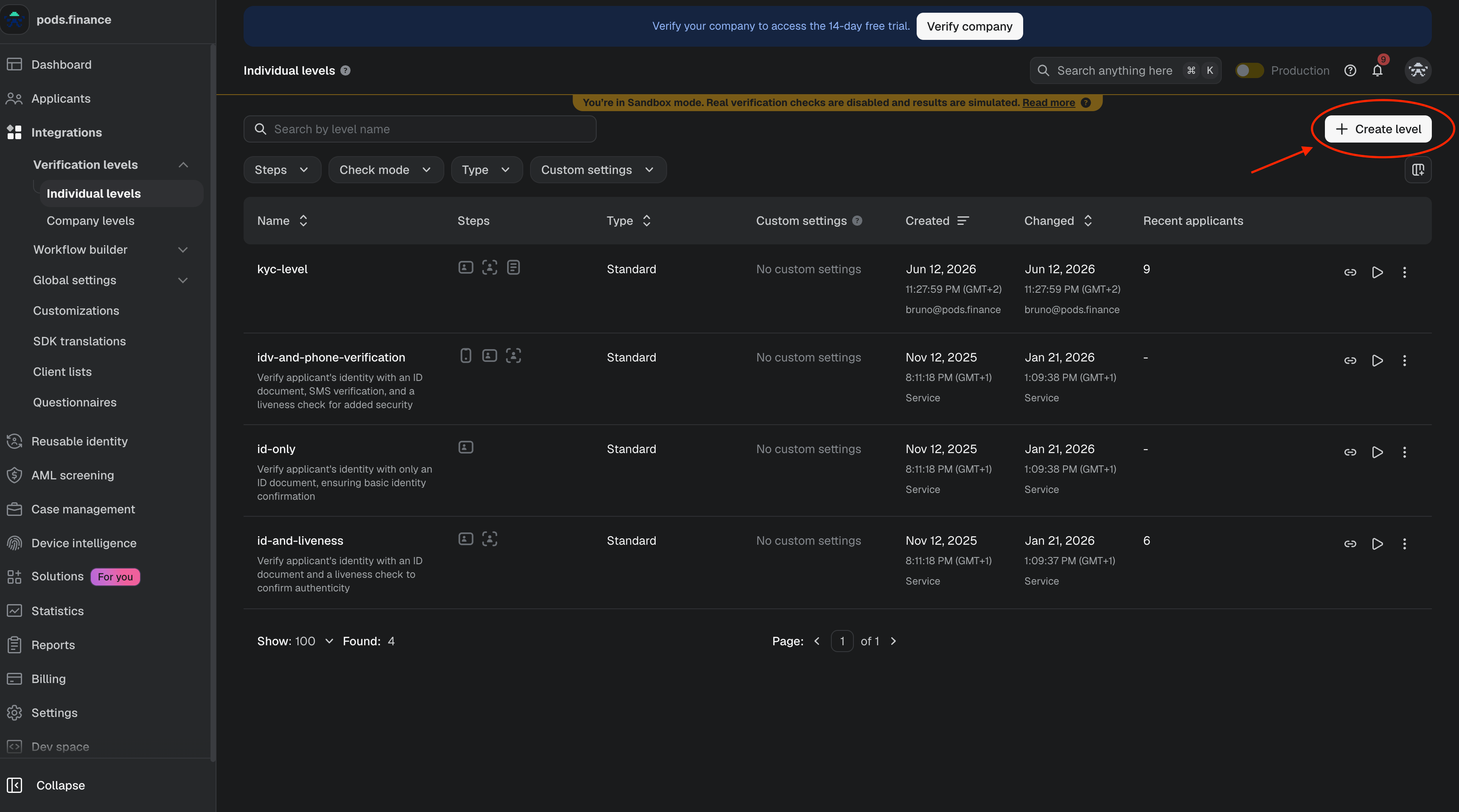 Create an individual Sumsub level