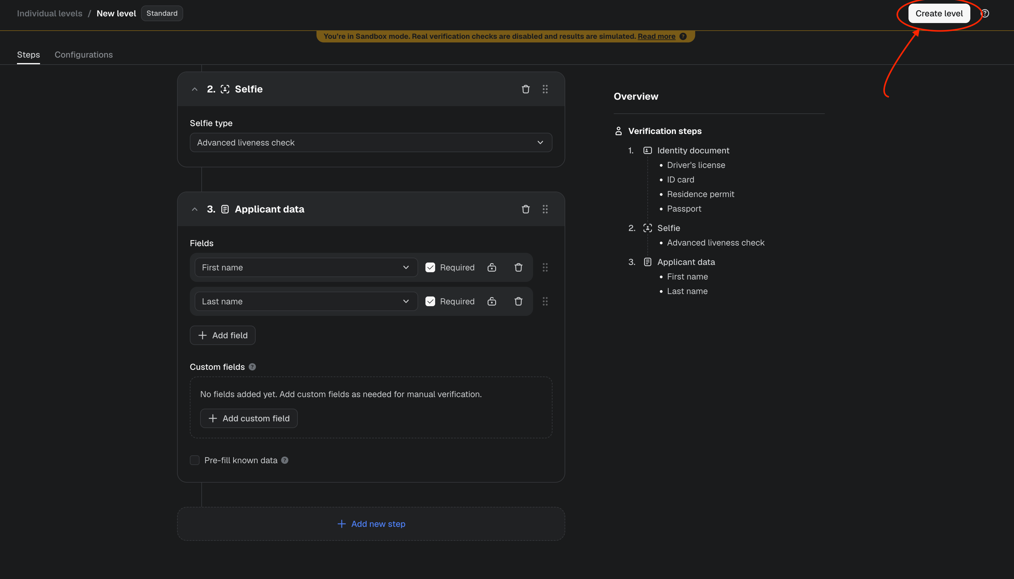 Create the Sumsub level