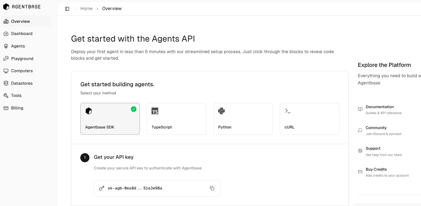 Agentbase overview page showing guided quickstart
