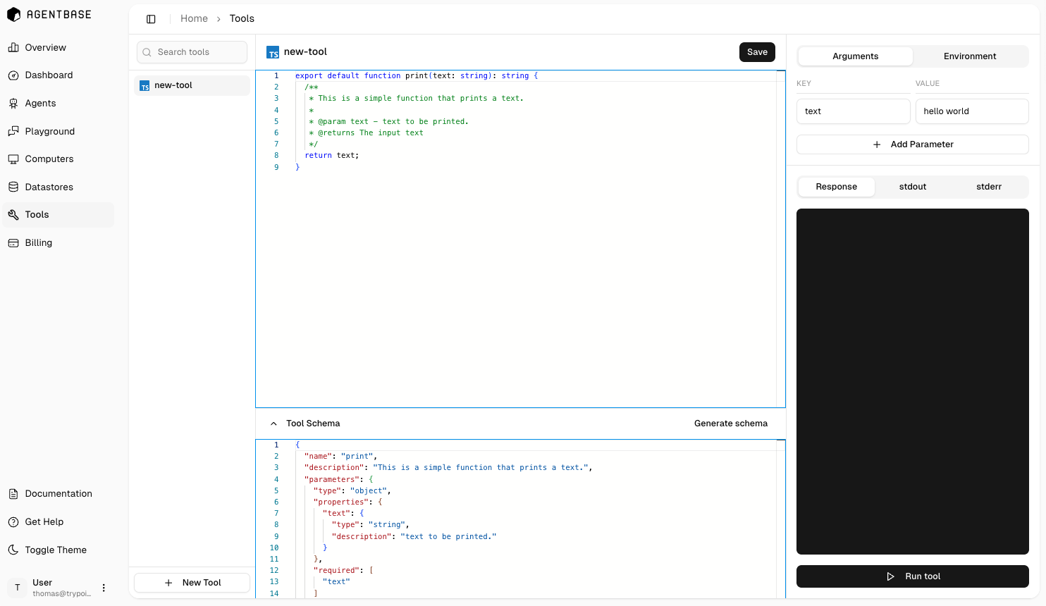 Custom tools interface showing code editor with environment variables