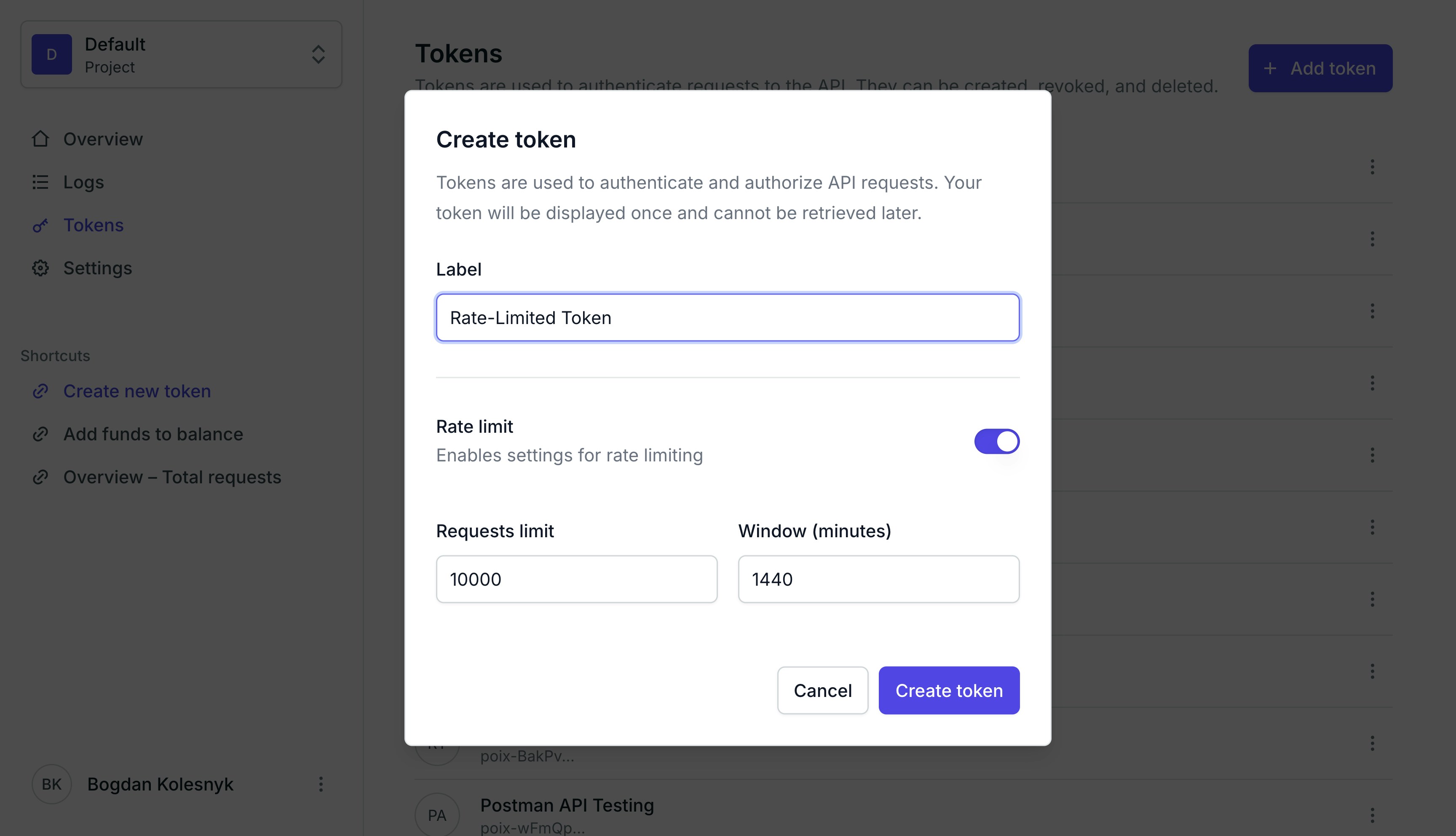 Create token with rate limits
