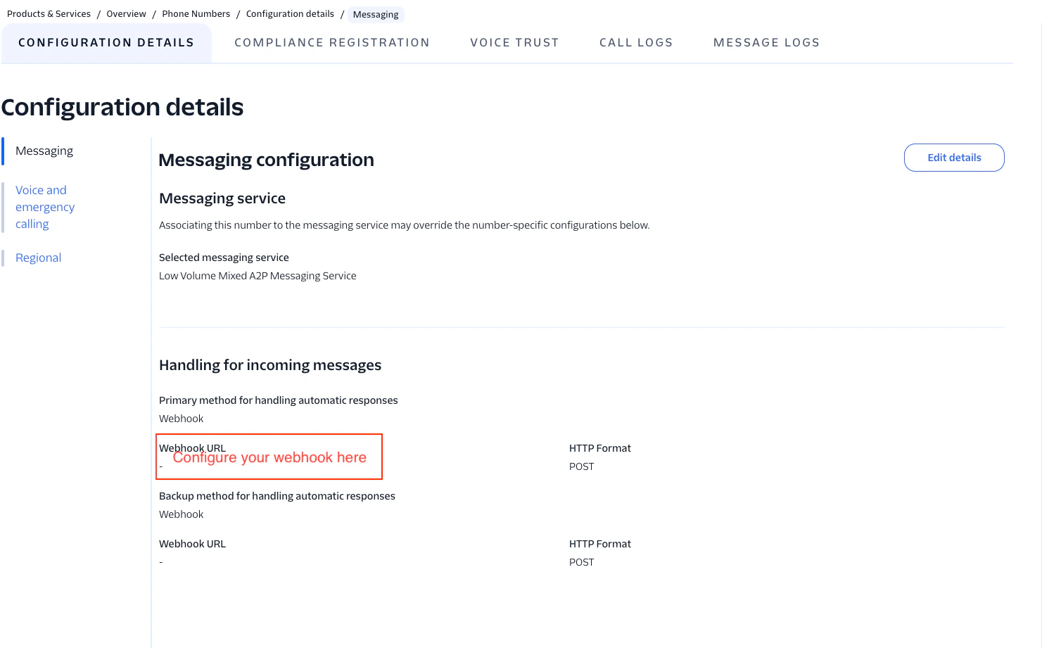 Twilio webhook configuration
