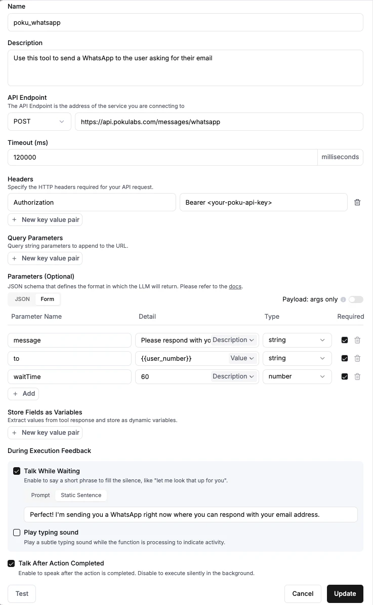 Configuring parameters in Retell AI