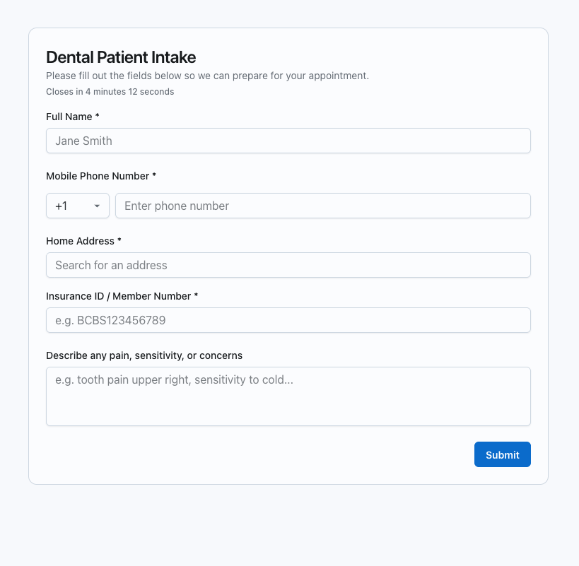 Dental intake form