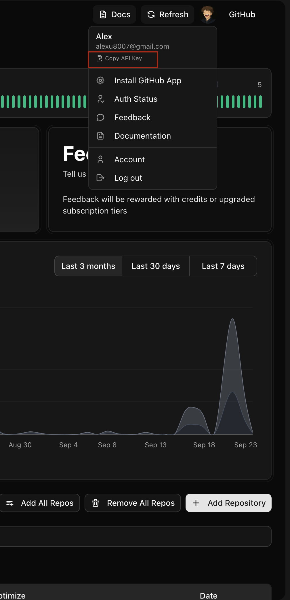 Location of Copy API Key option in user dropdown menu