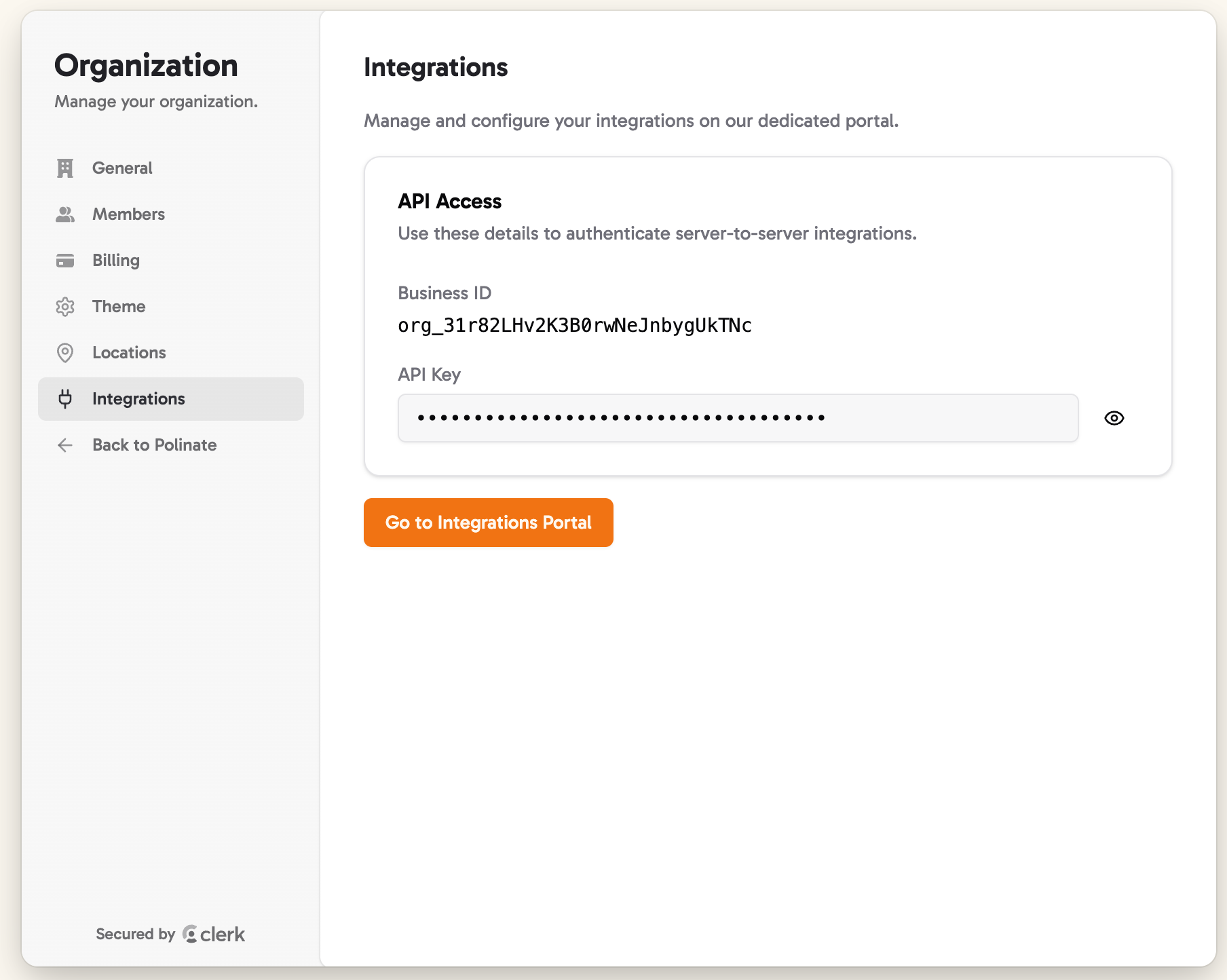 Screenshot showing the Business Settings page with the Integrations section highlighted, displaying Business ID and API Key fields