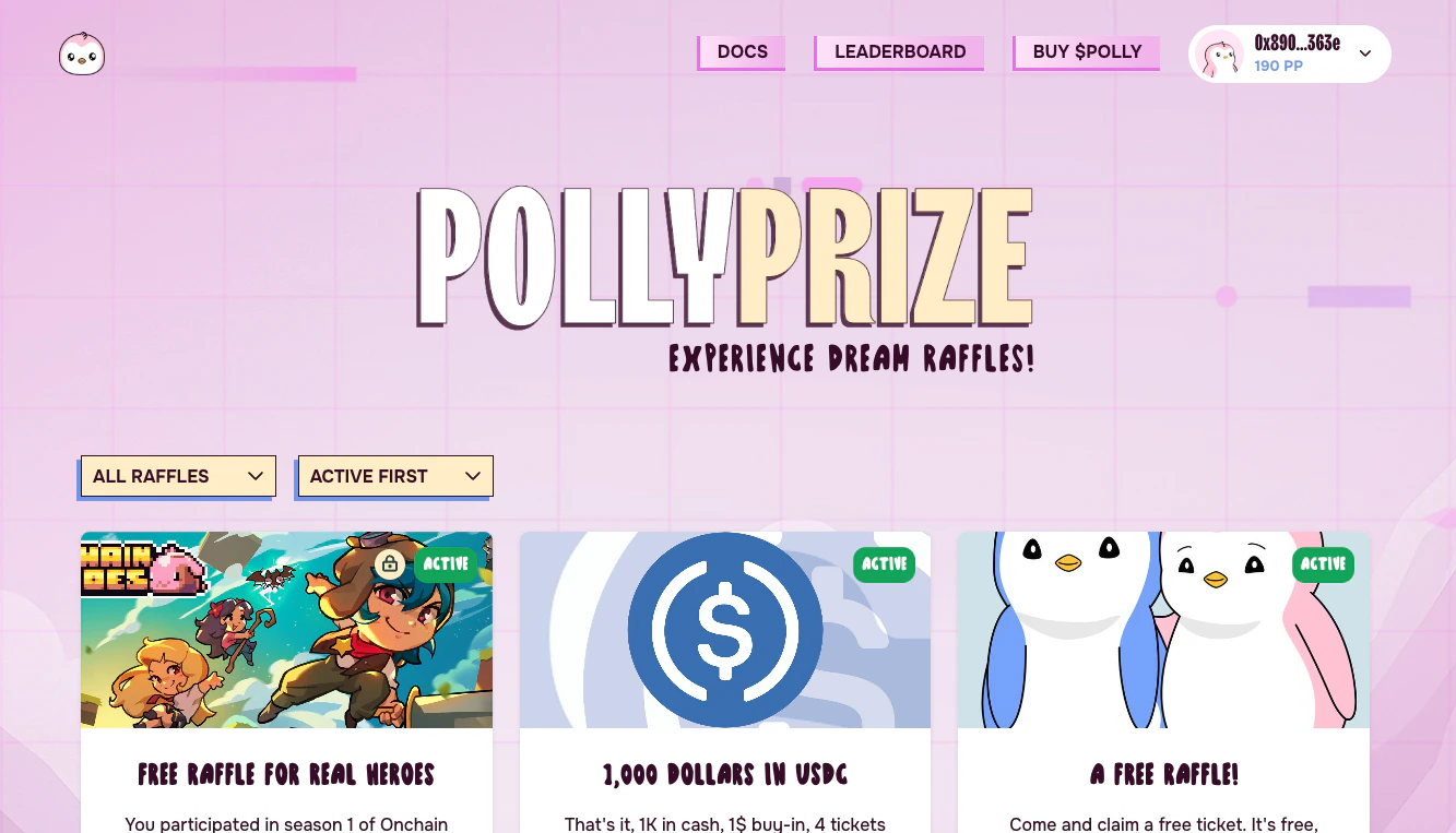 Screenshot of the main raffle list page