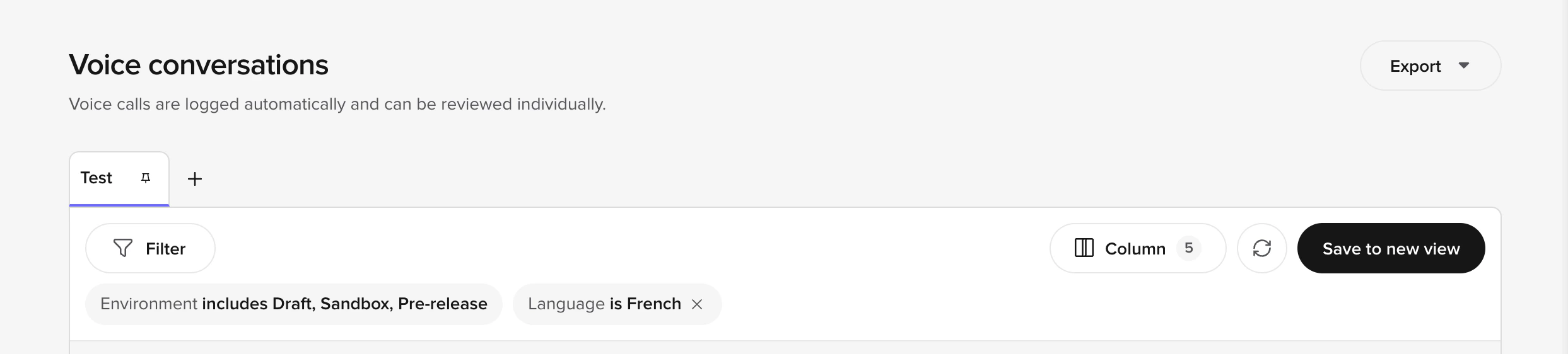 Conversations table filtered to French, showing the Language is French chip above the table