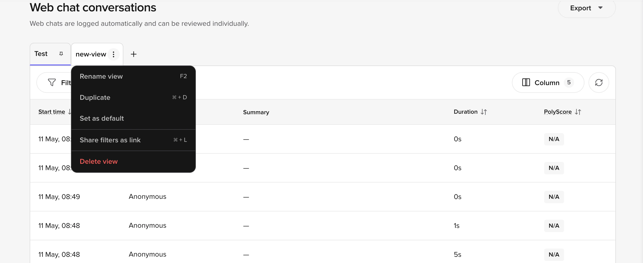 Custom View context menu showing Rename, Duplicate, Set as default, Share filters as link, and Delete view options