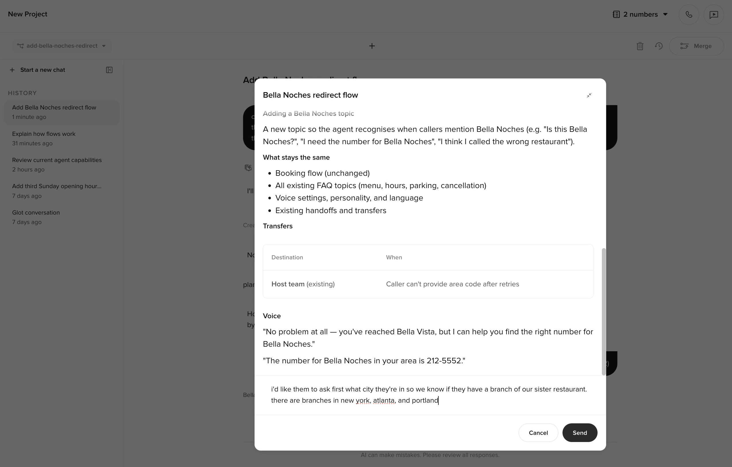 Expanded plan modal with a feedback textarea and Cancel/Send buttons