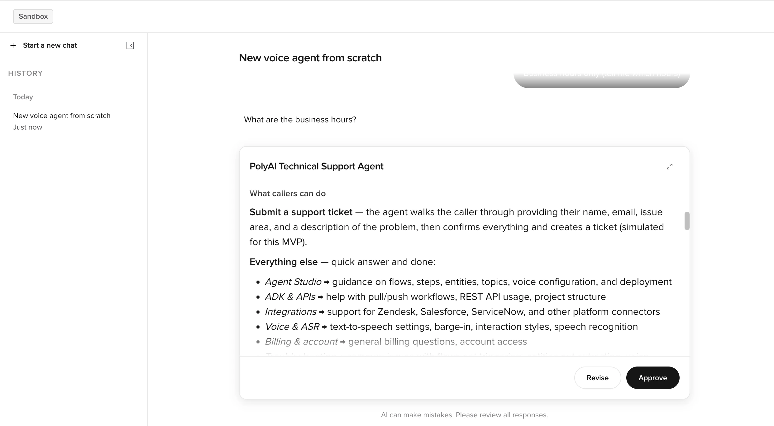 Agent plan card with Revise and Approve buttons