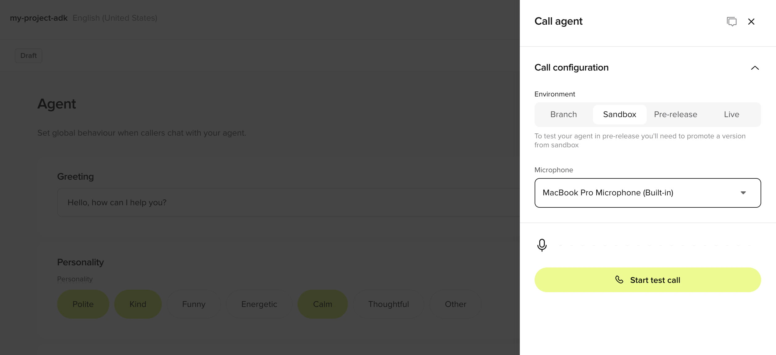 Call agent side panel with environment set to Sandbox and a Start test call button