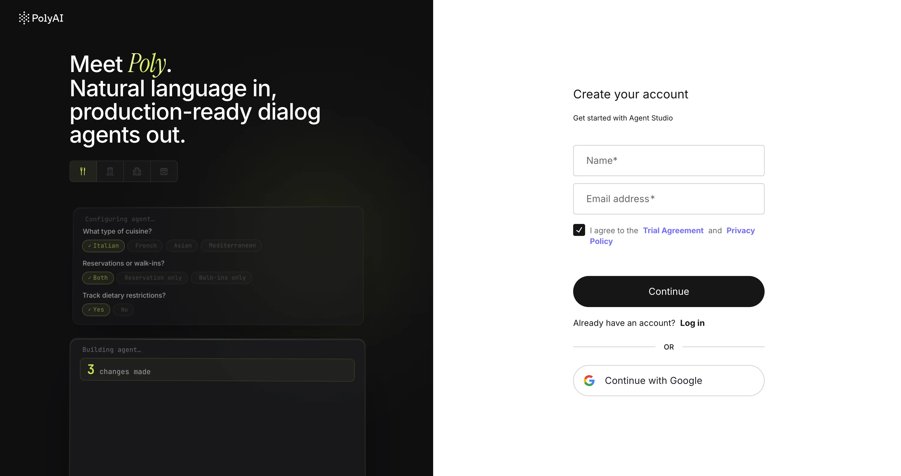 PolyAI sign-up page with email form and Google SSO option