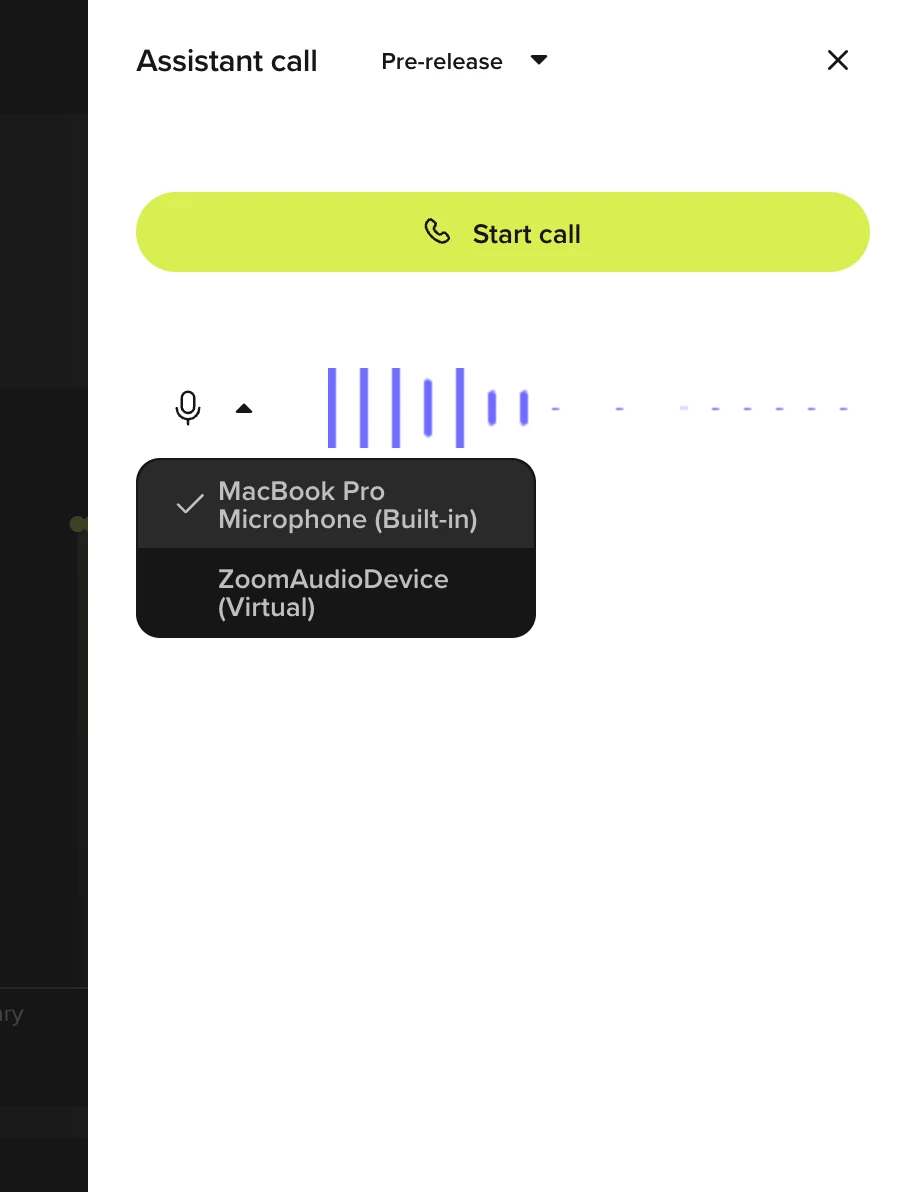 In-browser call test panel
