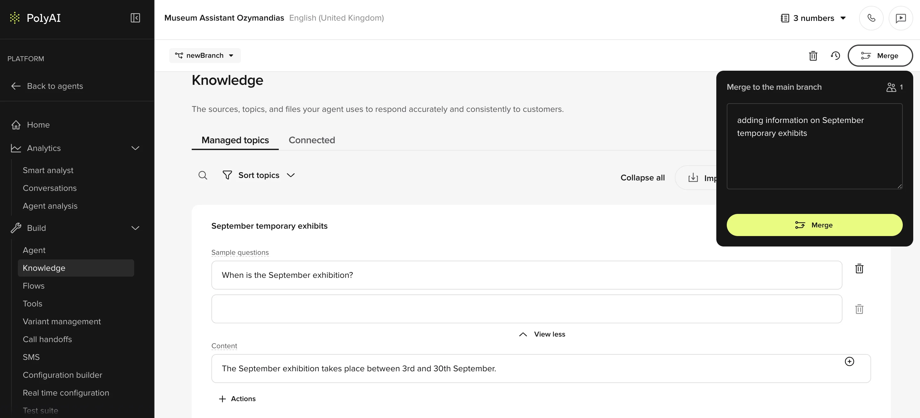 Adding a knowledge base topic in Agent Studio