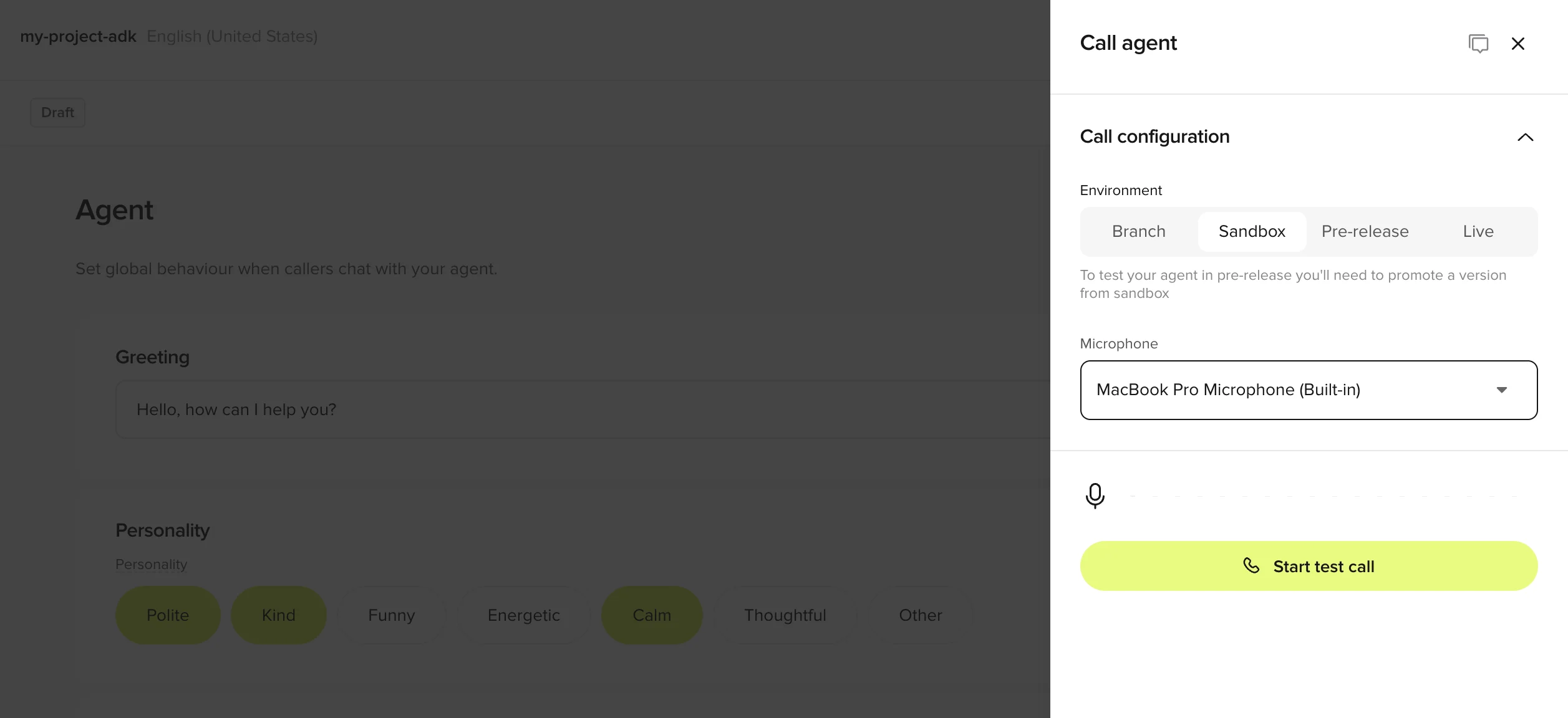 Call agent side panel with environment set to Sandbox and a Start test call button