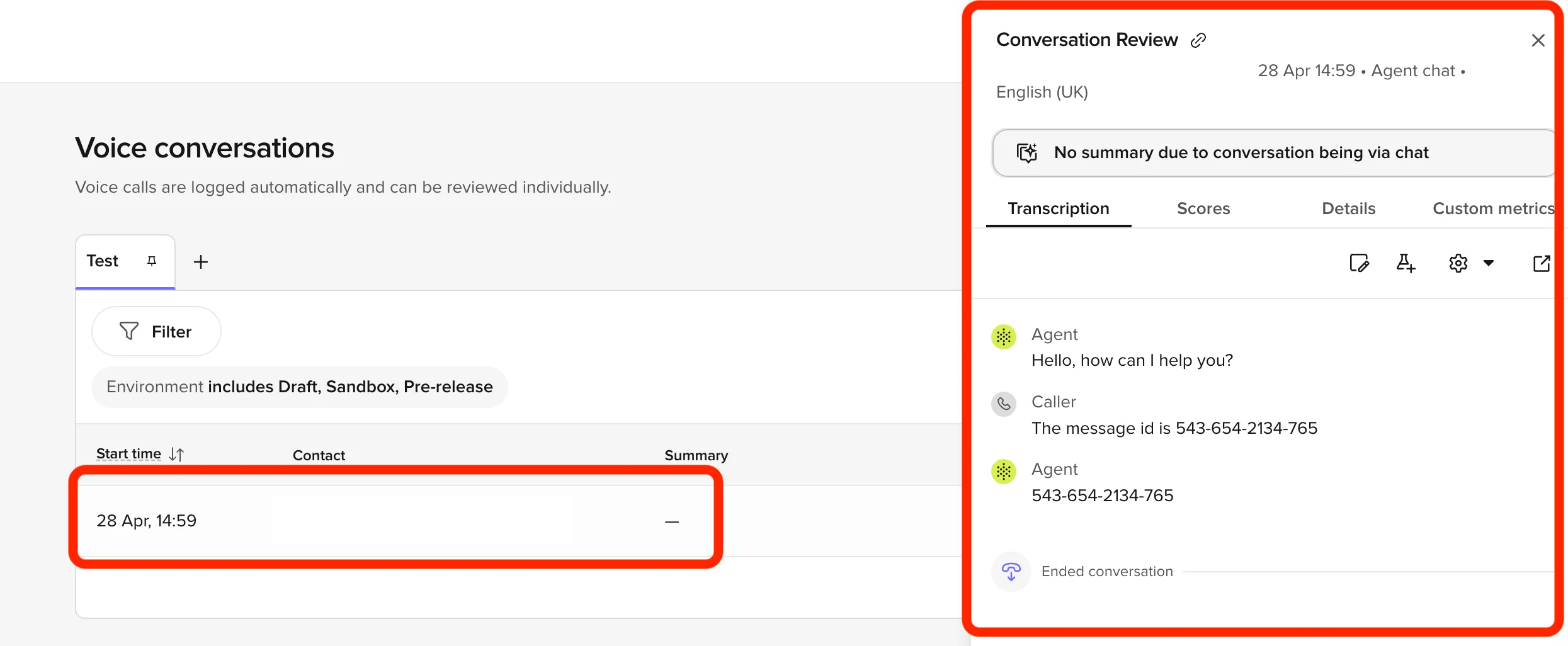 Conversation Review side panel showing the Transcription tab, four toolbar tabs, and a conversation transcript